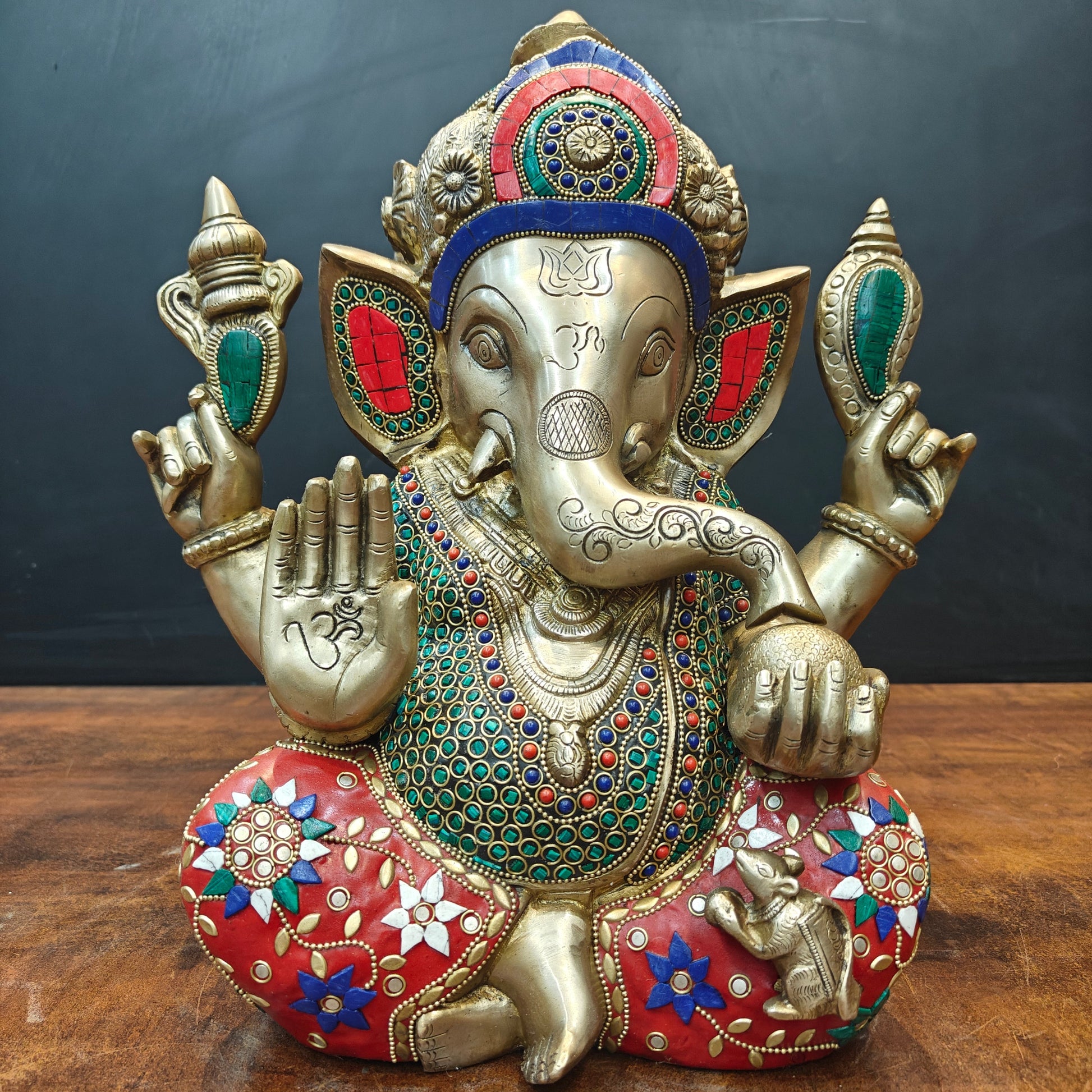 Brass Ganesha Idol Mosaic Stone Work For Home Decor 14 Inch - Image 3