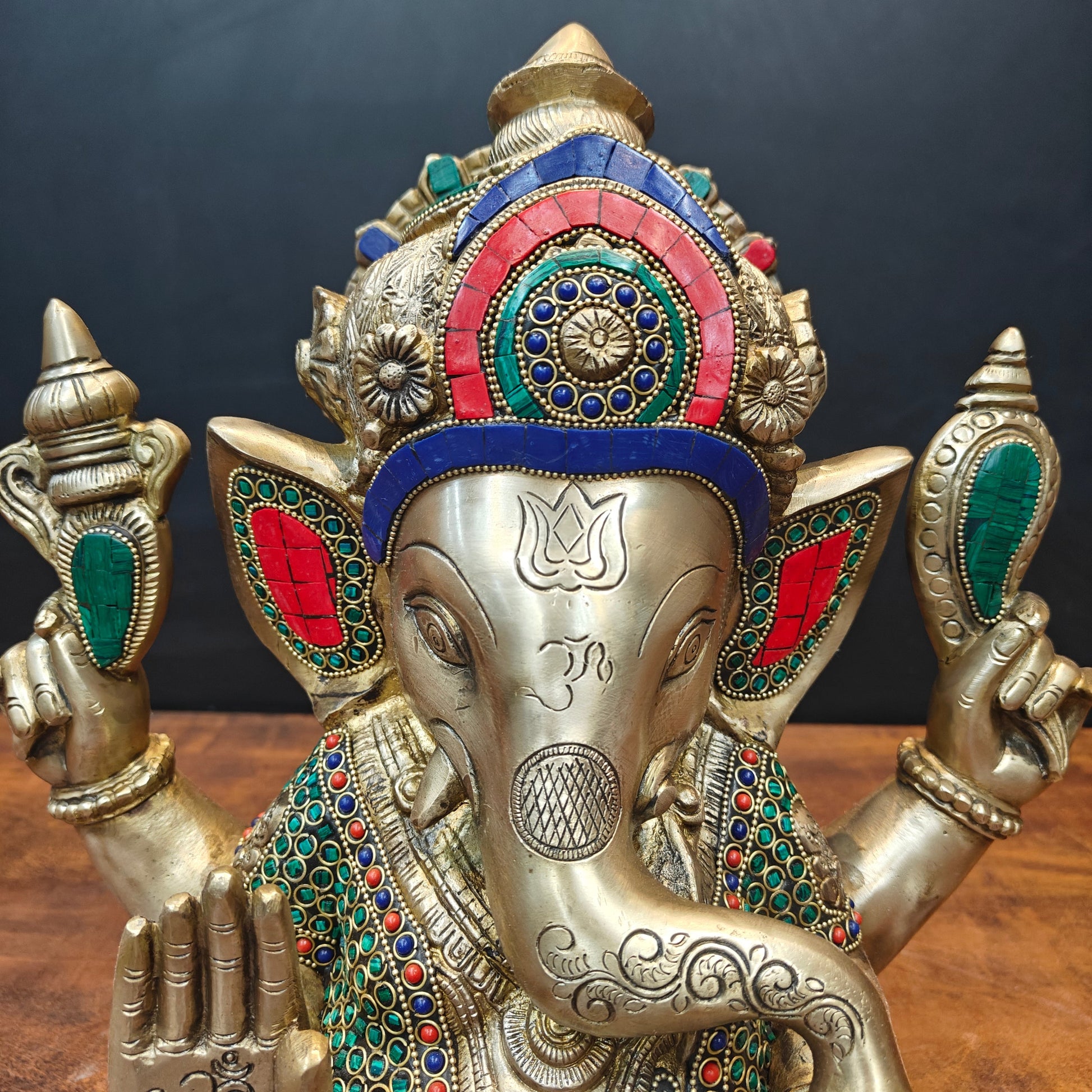 Brass Ganesha Idol Mosaic Stone Work For Home Decor 14 Inch - Image 4