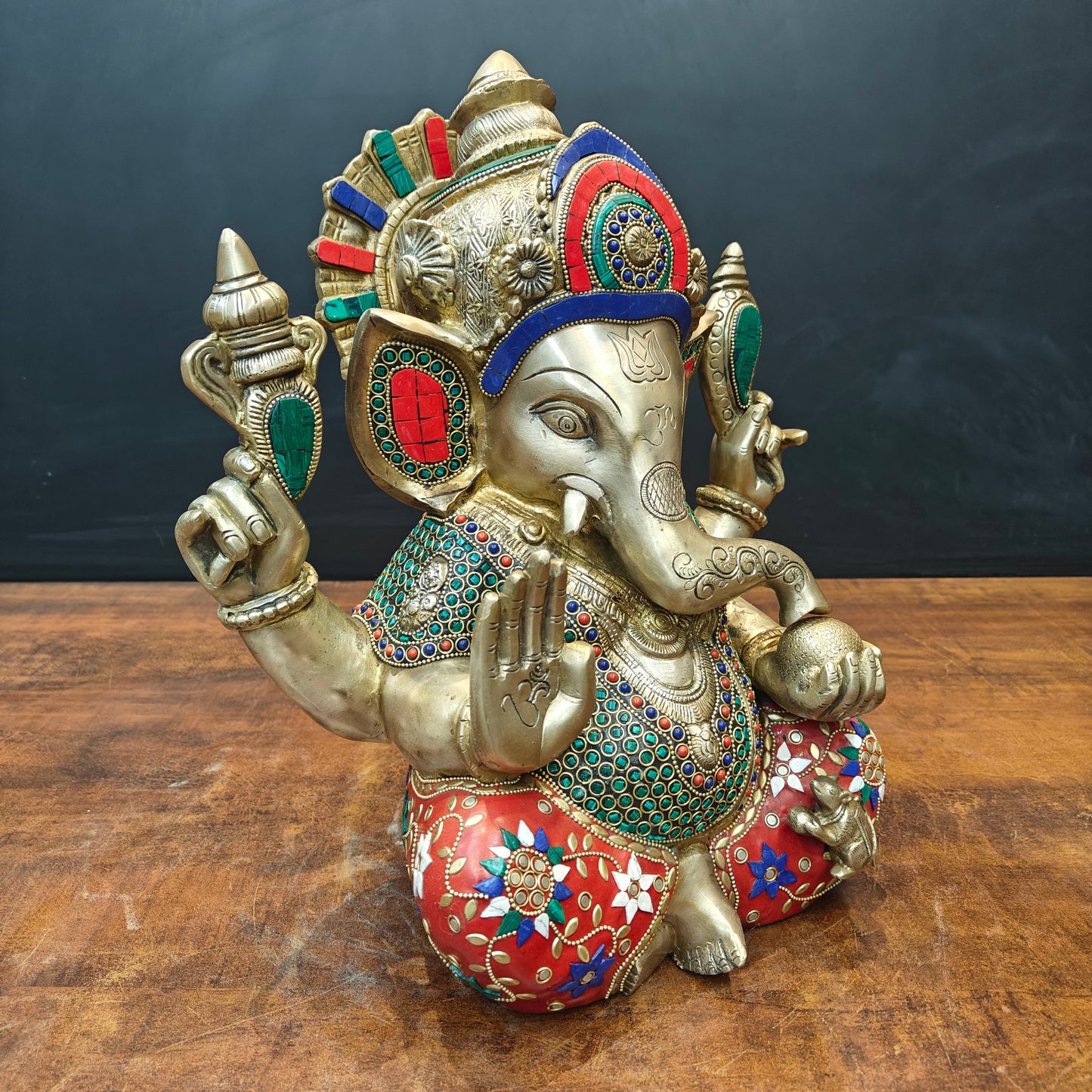Brass Ganesha Idol Mosaic Stone Work For Home Decor 14 Inch