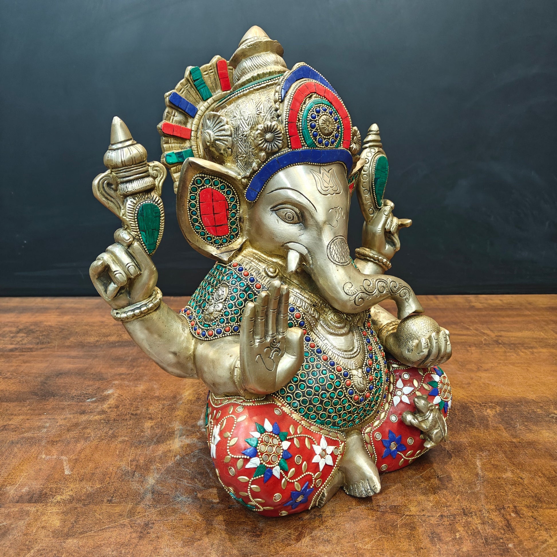 Brass Ganesha Idol Mosaic Stone Work For Home Decor 14 Inch - Image 5