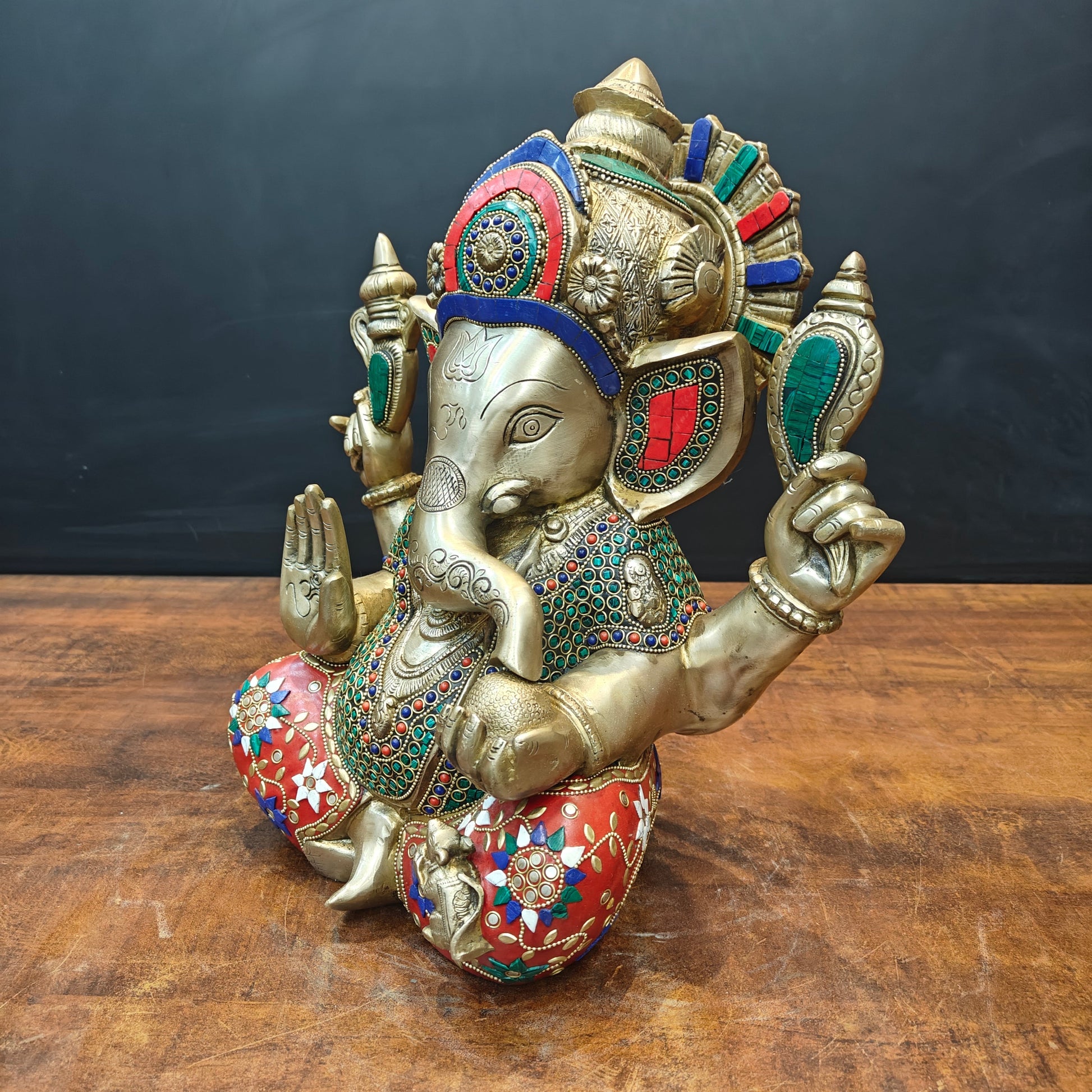 Brass Ganesha Idol Mosaic Stone Work For Home Decor 14 Inch - Image 6
