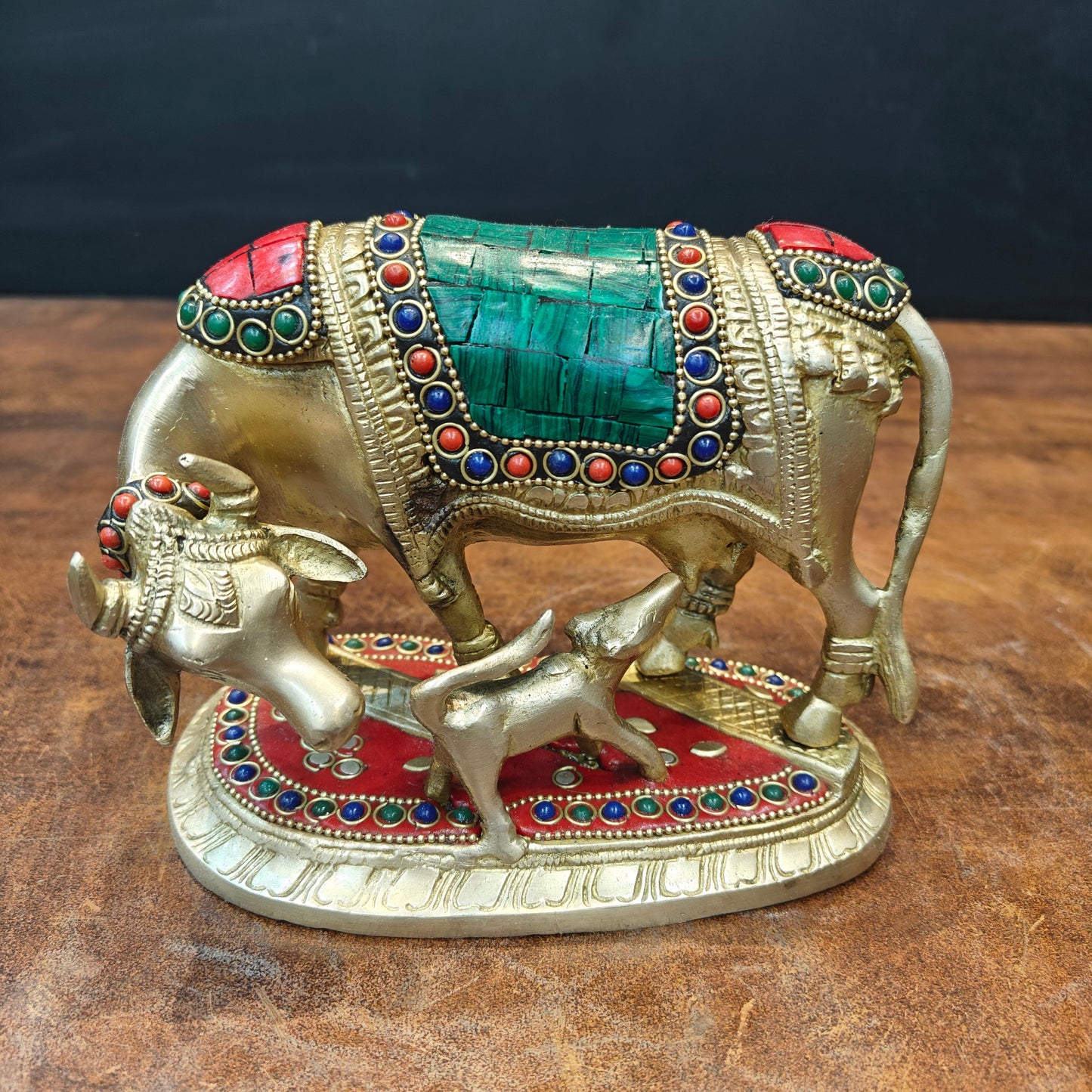 Brass Cow With Calf Stone Work For Home Temple Decor 6 Inch