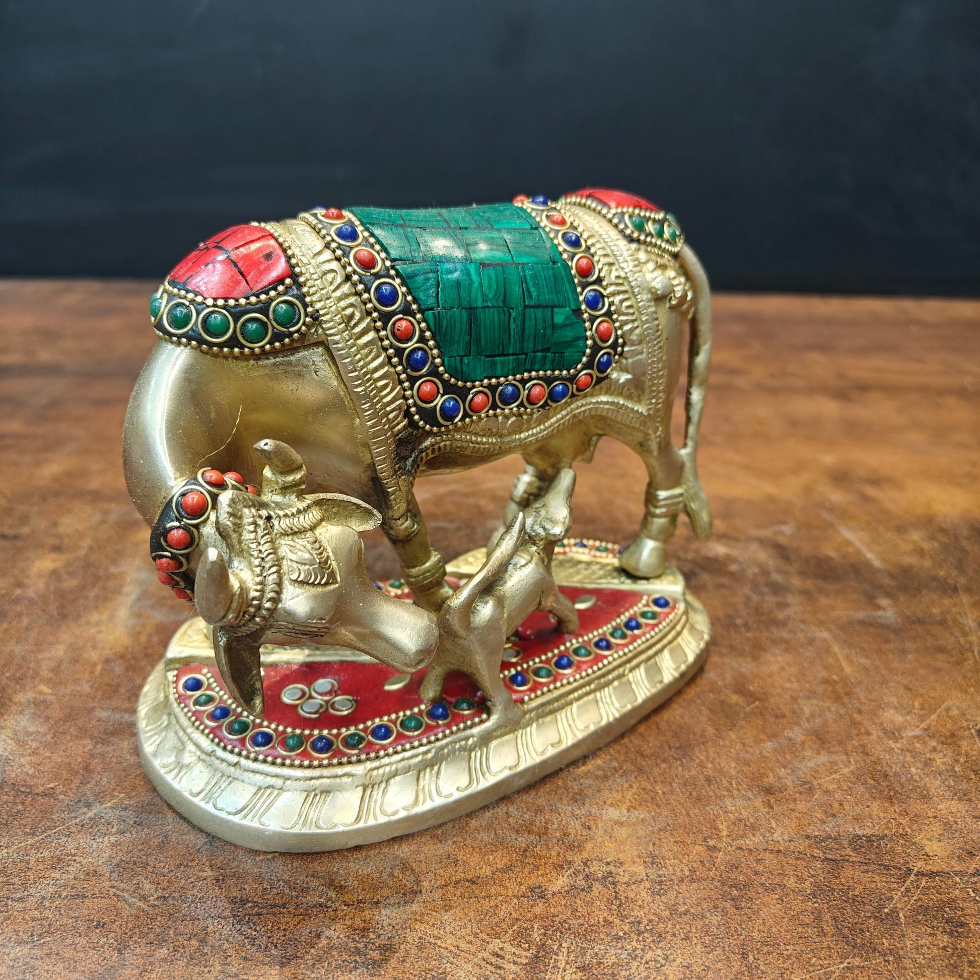 Brass Cow With Calf Stone Work For Home Temple Decor 6 Inch - Image 3