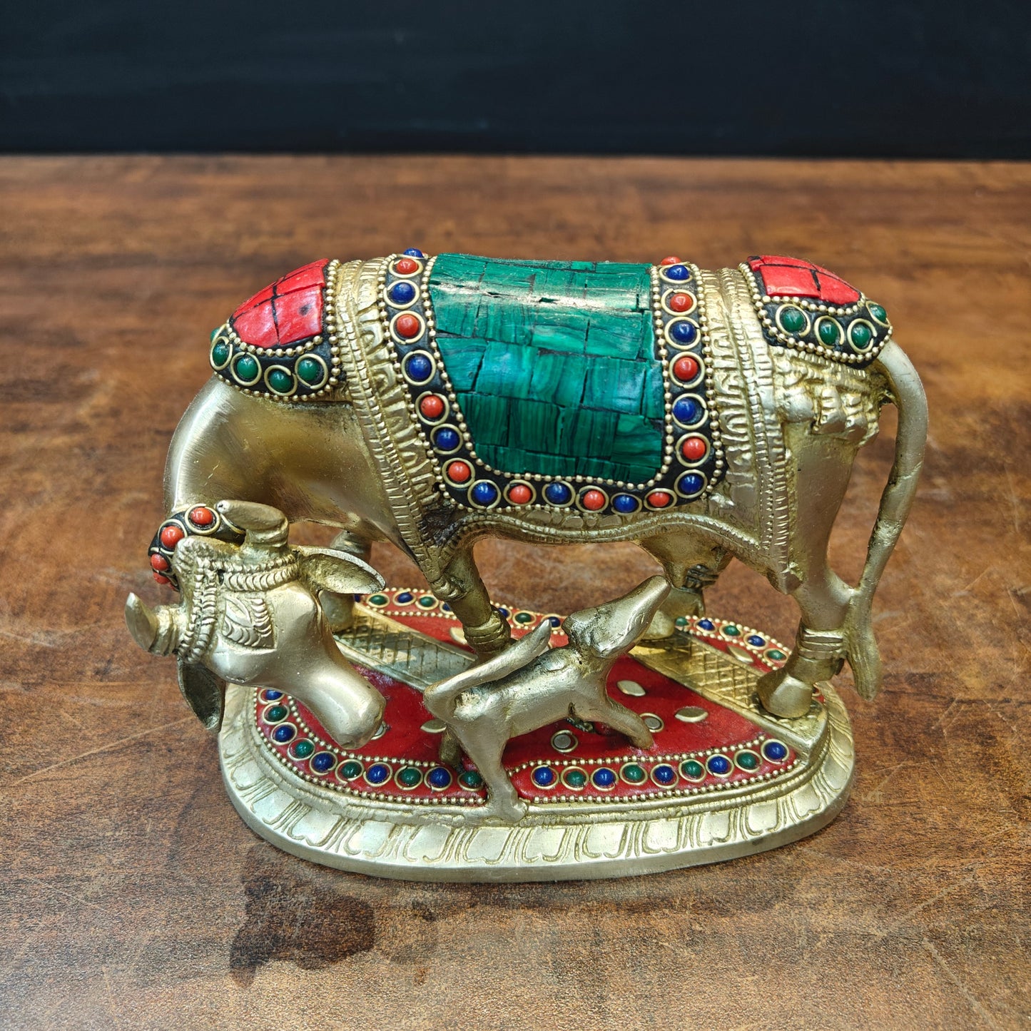 Brass Cow With Calf Stone Work For Home Temple Decor 6 Inch