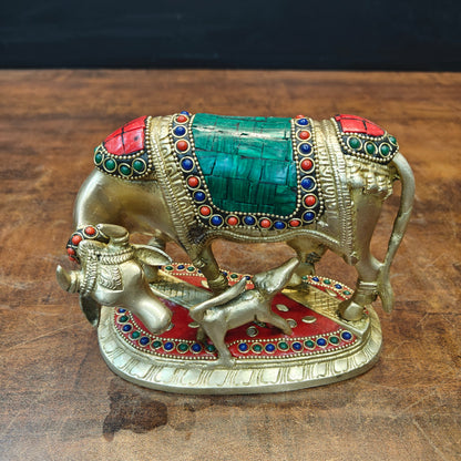 Brass Cow With Calf Stone Work For Home Temple Decor 6 Inch by vendor-unknown - Spiritual (View 4)