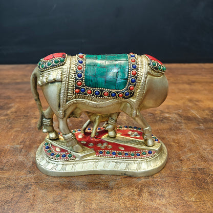 Brass Cow With Calf Stone Work For Home Temple Decor 6 Inch by vendor-unknown - Spiritual (View 5)