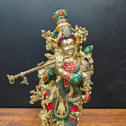 Brass Krishna Statue Standing On Lptus Base With Stone Work 27 Inch by vendor-unknown - Hindu Gods (View 2)