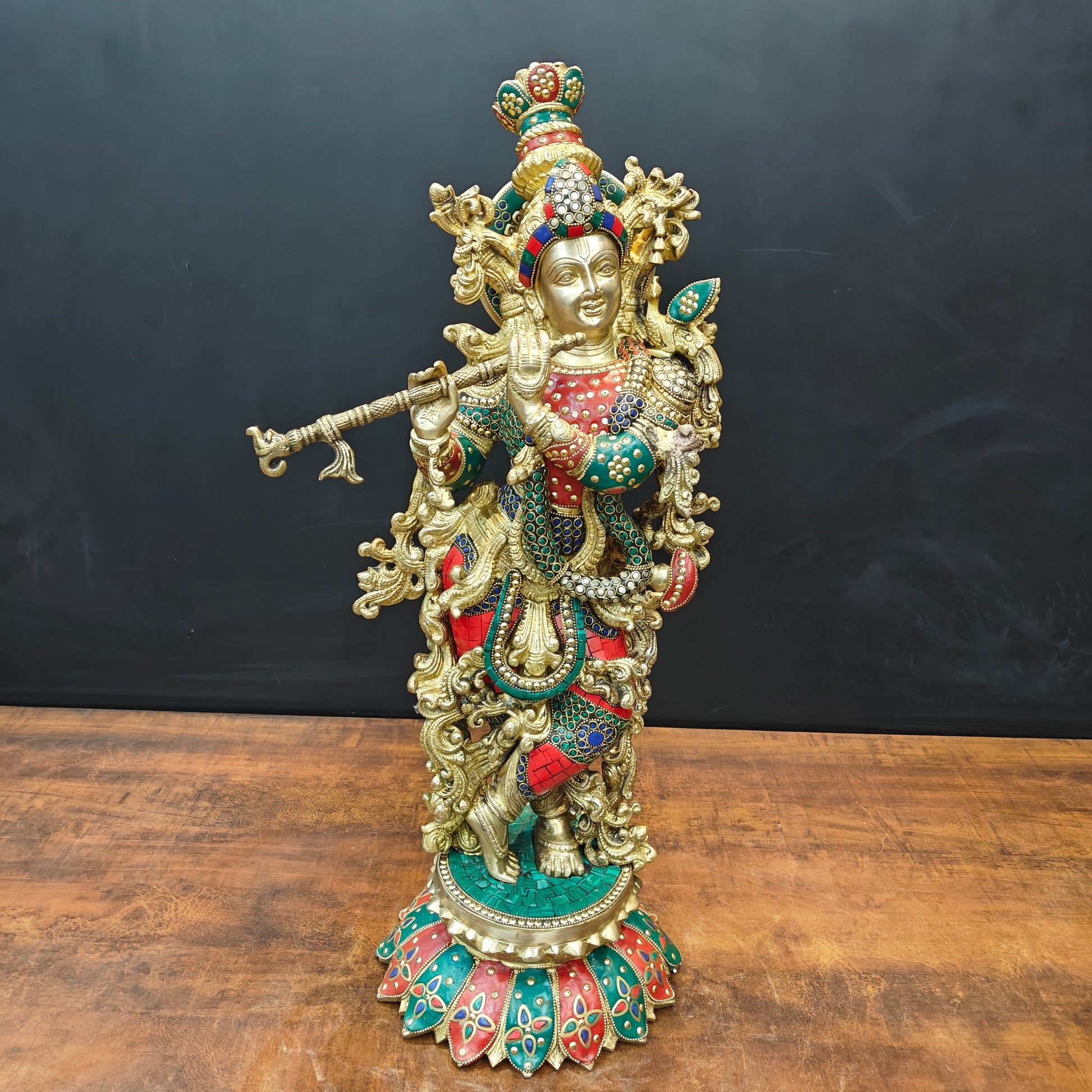 Brass Krishna Statue Standing On Lptus Base With Stone Work 27 Inch - Image 3