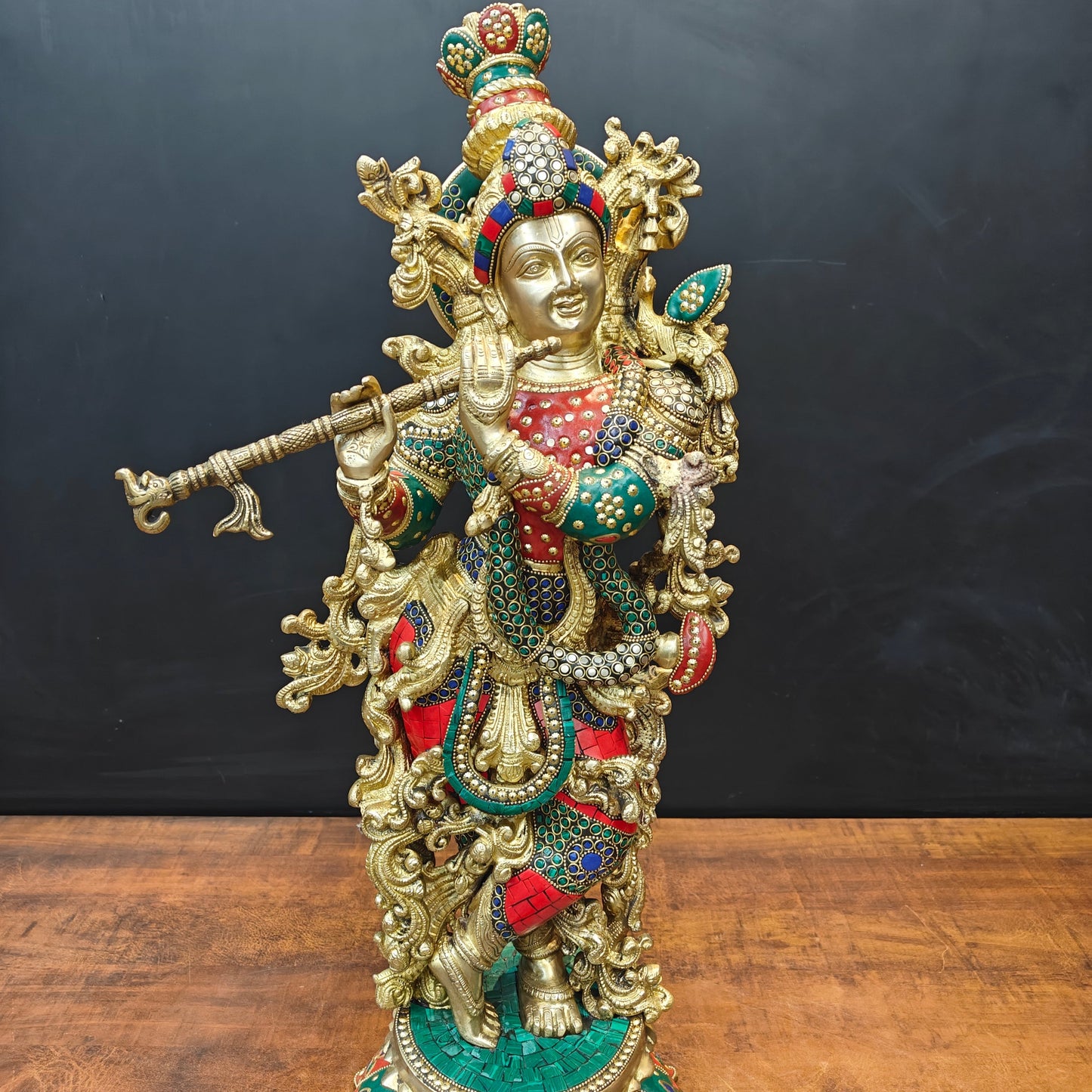 Brass Krishna Statue Standing On Lptus Base With Stone Work 27 Inch