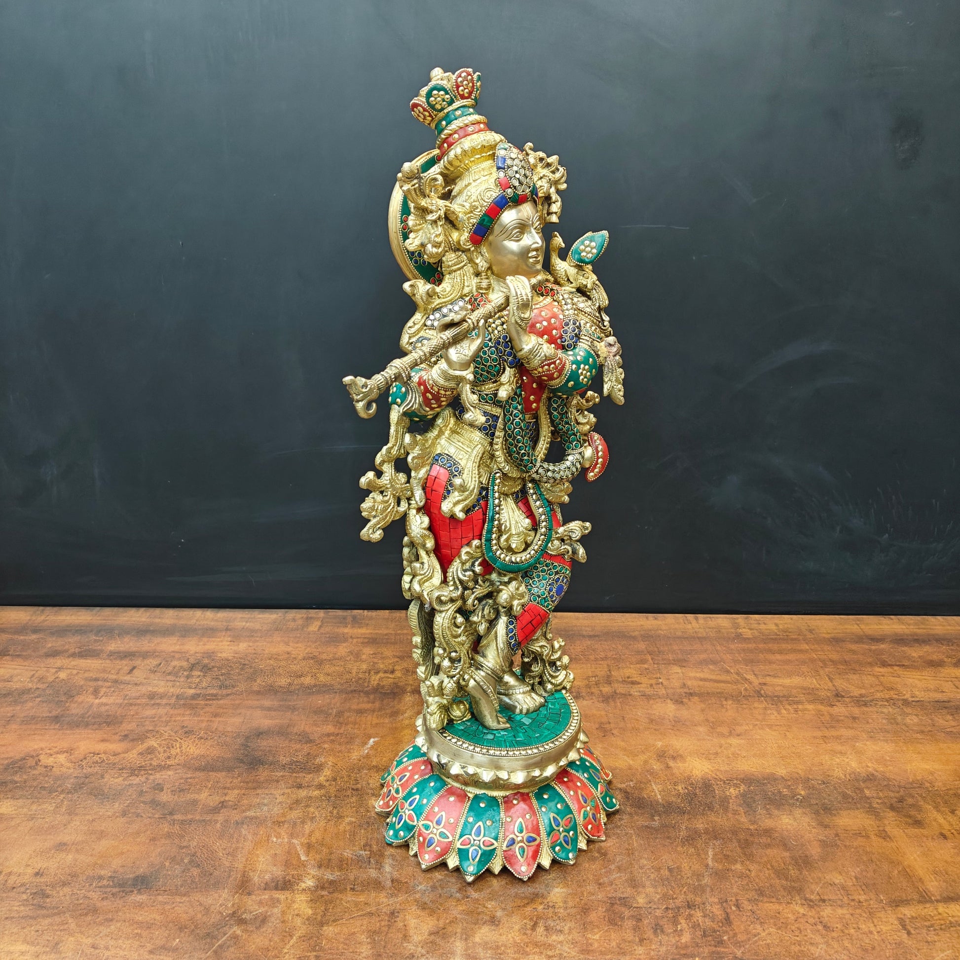 Brass Krishna Statue Standing On Lptus Base With Stone Work 27 Inch - Image 5