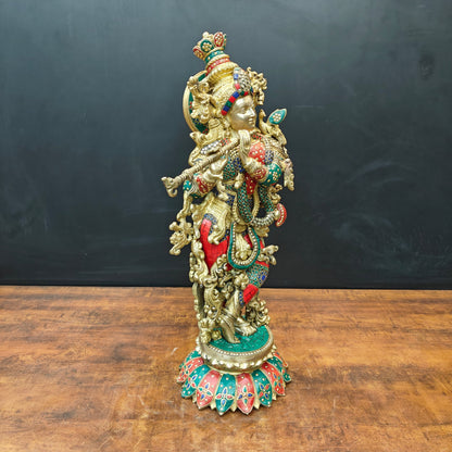 Brass Krishna Statue Standing On Lptus Base With Stone Work 27 Inch by vendor-unknown - Hindu Gods (View 5)