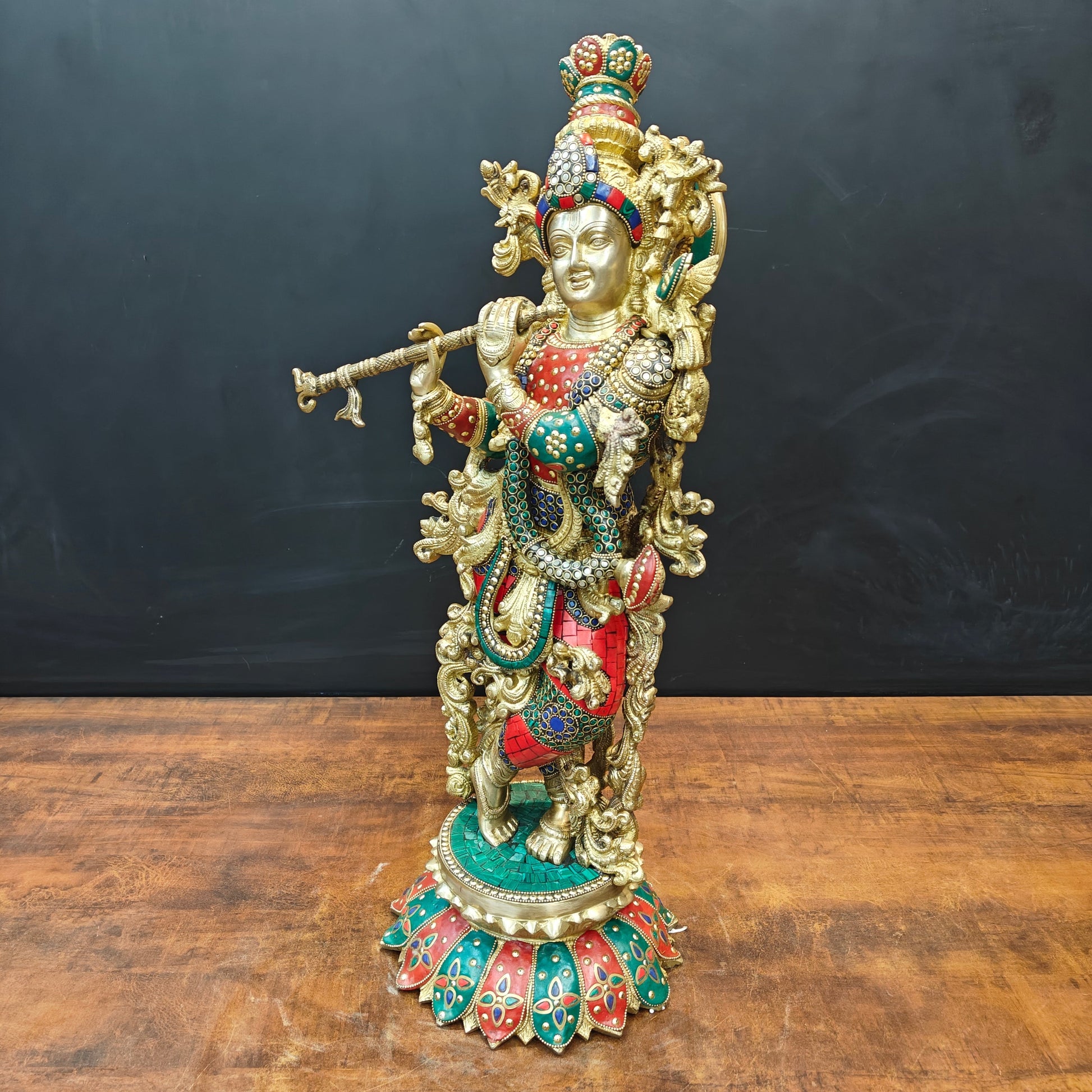 Brass Krishna Statue Standing On Lptus Base With Stone Work 27 Inch - Image 6