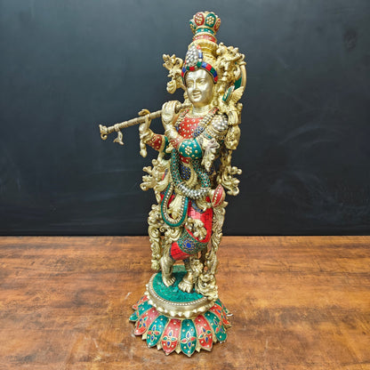 Brass Krishna Statue Standing On Lptus Base With Stone Work 27 Inch by vendor-unknown - Hindu Gods (View 6)