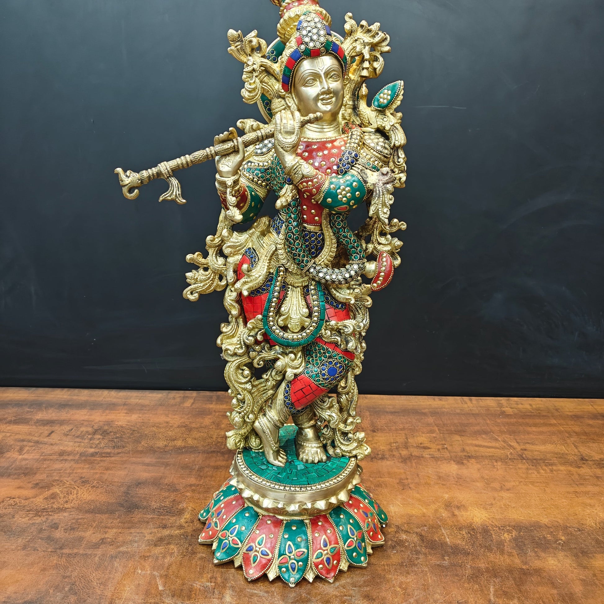 Brass Krishna Statue Standing On Lptus Base With Stone Work 27 Inch - Image 7