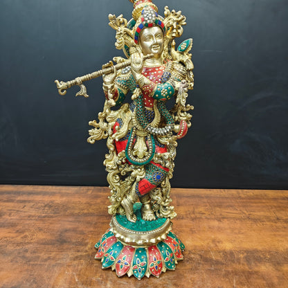 Brass Krishna Statue Standing On Lptus Base With Stone Work 27 Inch by vendor-unknown - Hindu Gods (View 7)