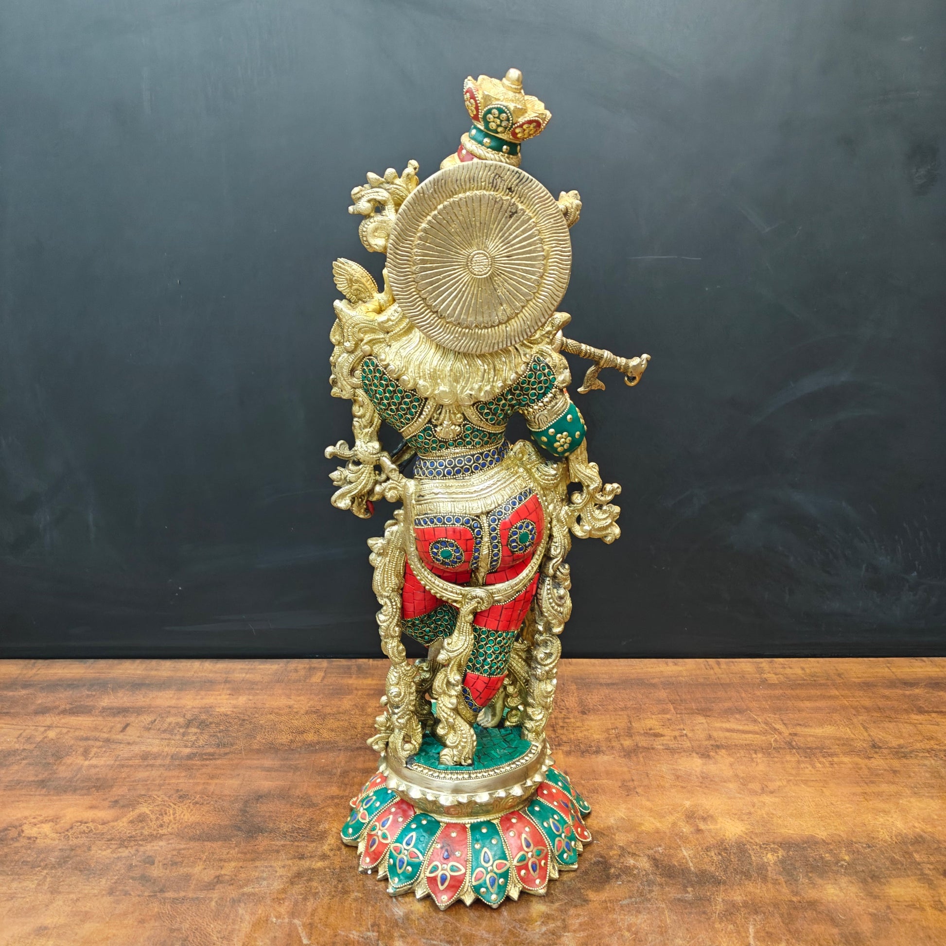 Brass Krishna Statue Standing On Lptus Base With Stone Work 27 Inch - Image 8