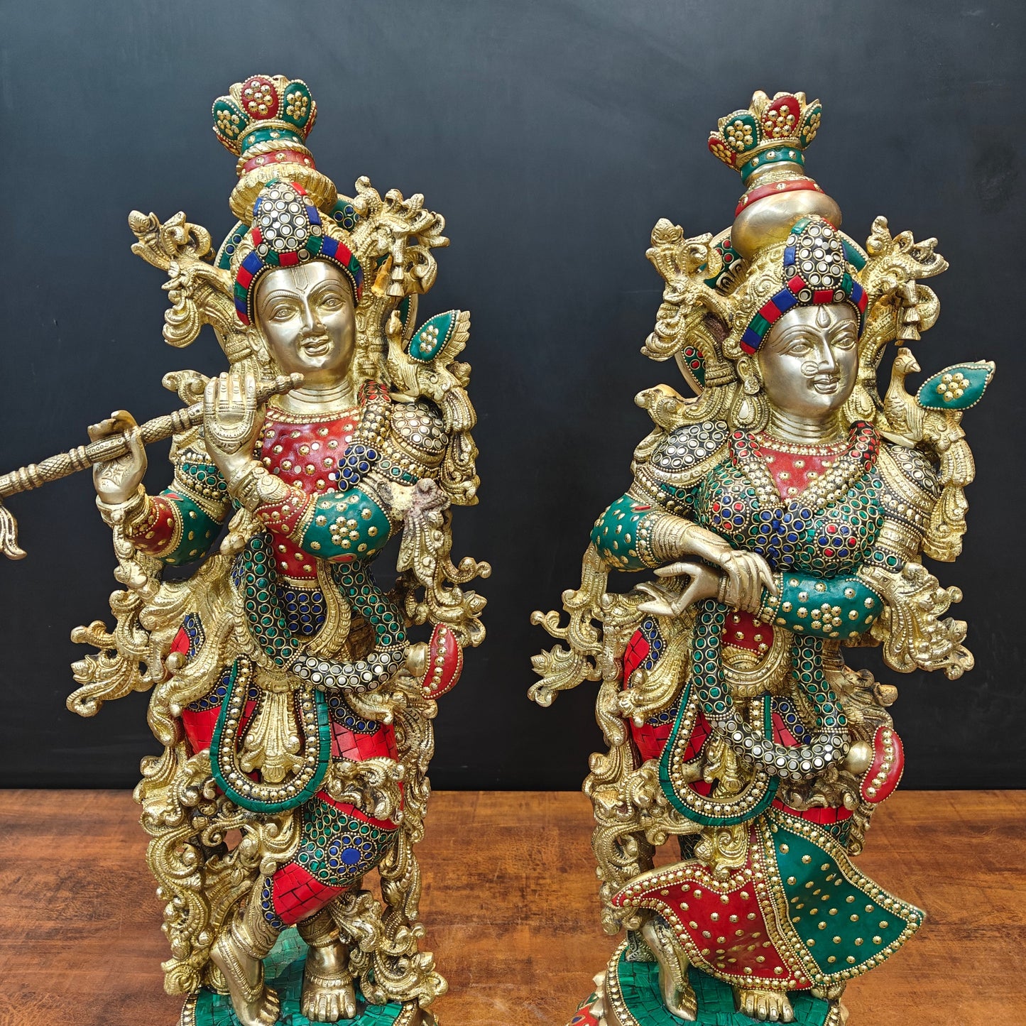 Brass Radha Krishna Statues On Lotus Base with Stone Work 27 Inch
