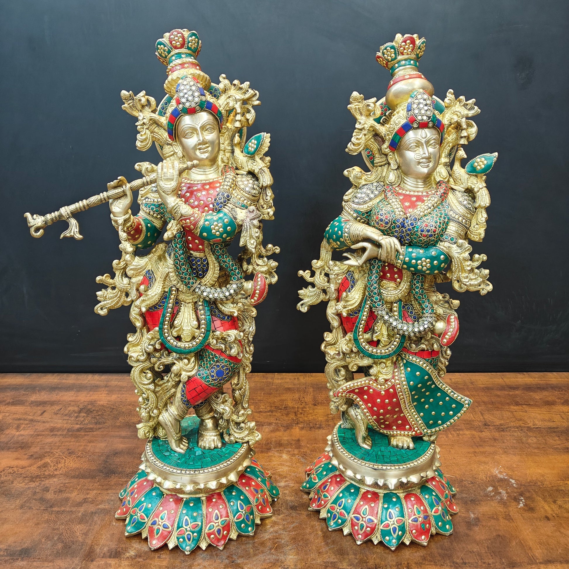 Brass Radha Krishna Statues On Lotus Base with Stone Work 27 Inch - Image 3