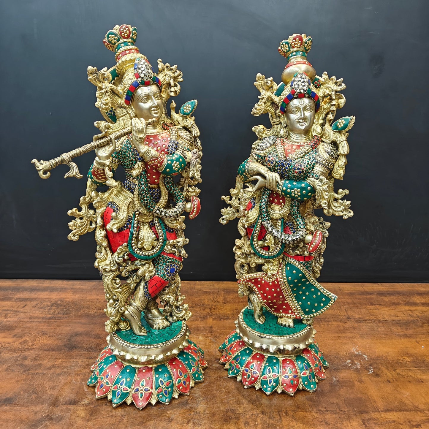Brass Radha Krishna Statues On Lotus Base with Stone Work 27 Inch