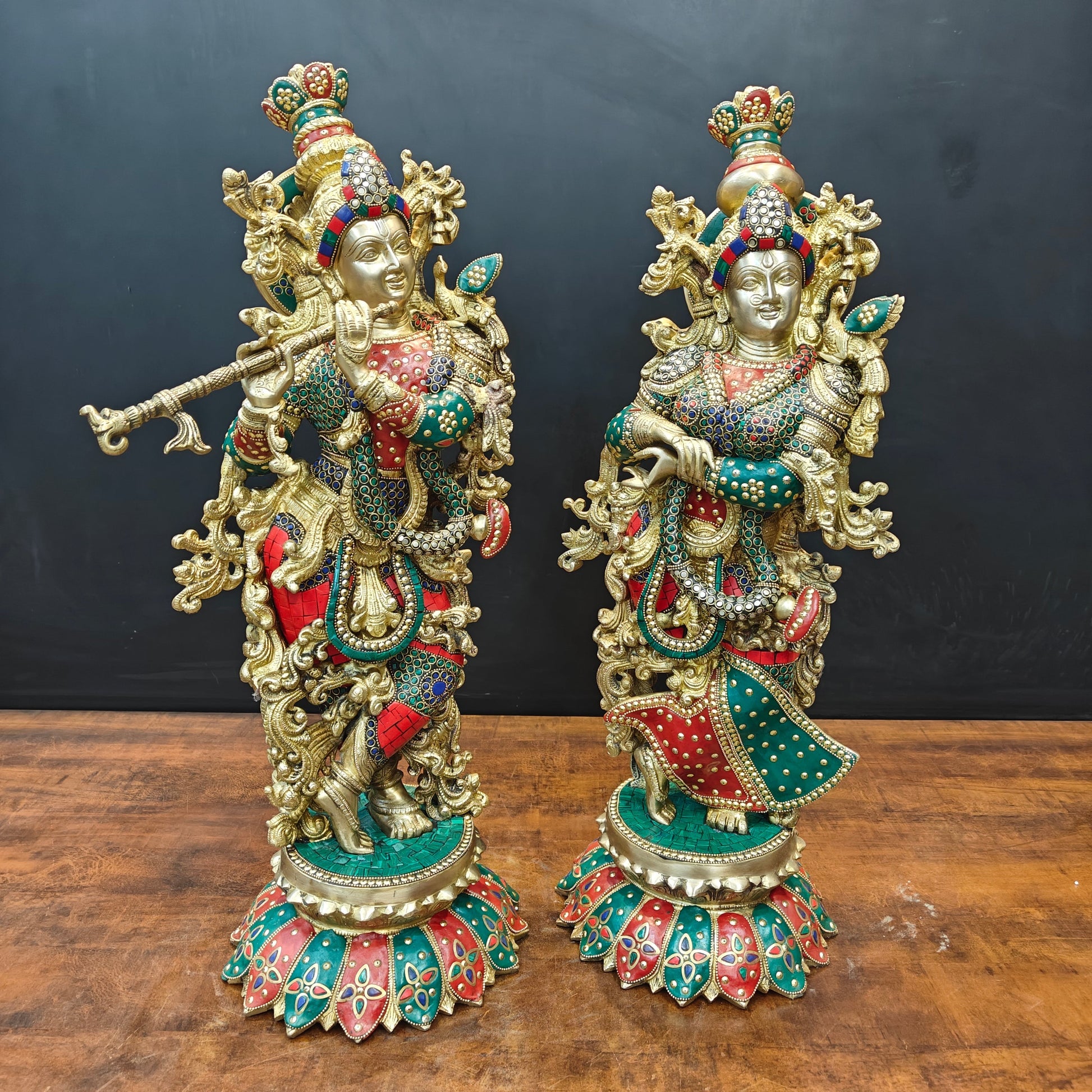Brass Radha Krishna Statues On Lotus Base with Stone Work 27 Inch - Image 4