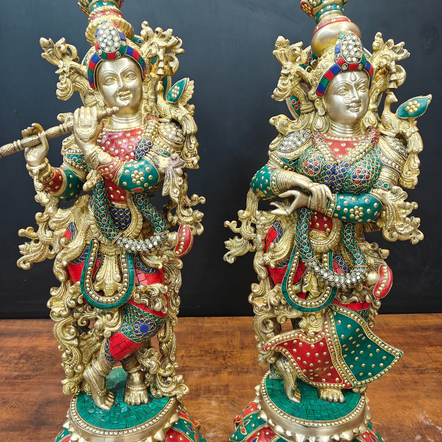 Brass Radha Krishna Statues On Lotus Base with Stone Work 27 Inch