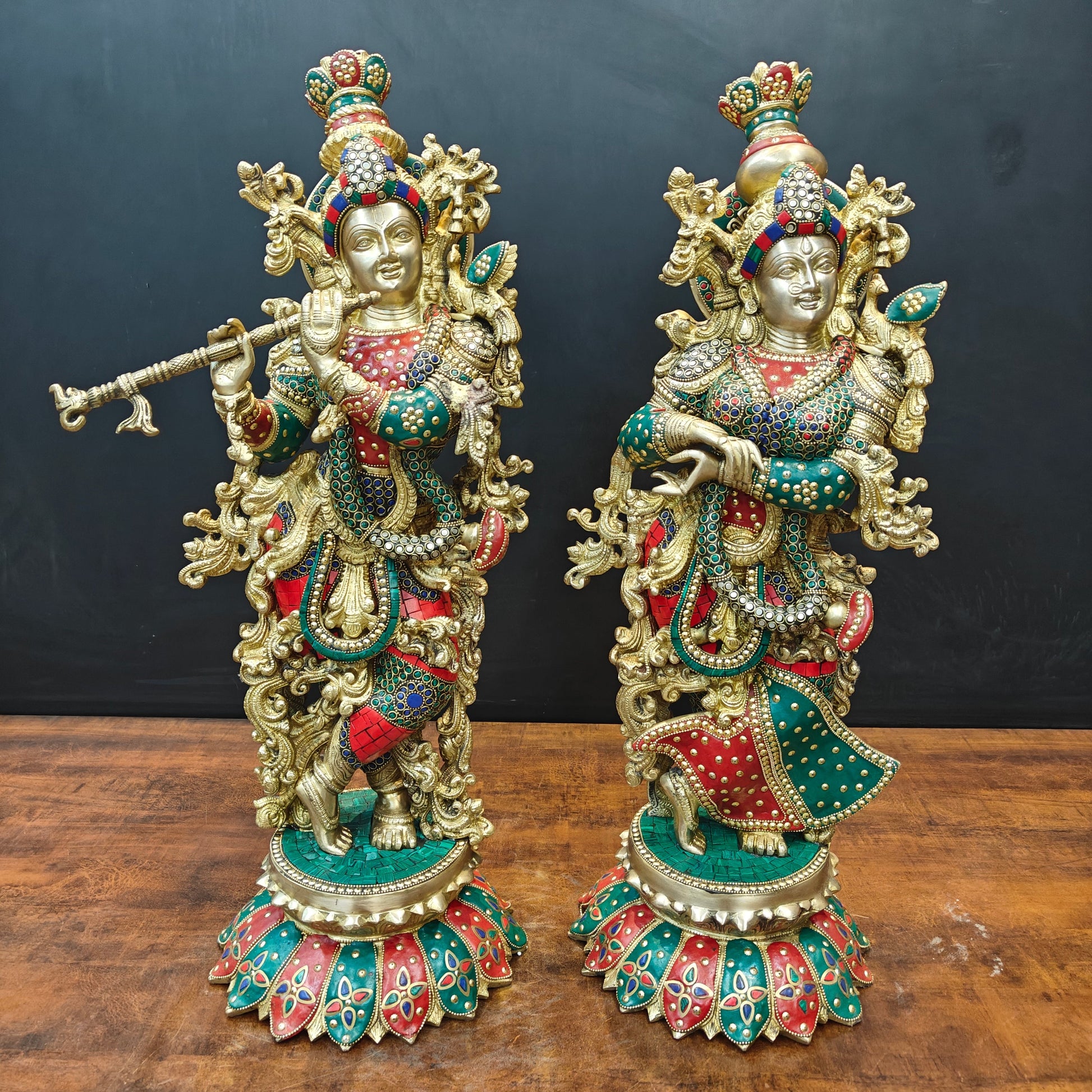 Brass Radha Krishna Statues On Lotus Base with Stone Work 27 Inch - Image 6