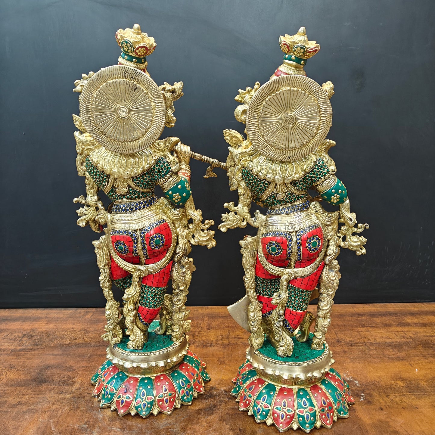 Brass Radha Krishna Statues On Lotus Base with Stone Work 27 Inch
