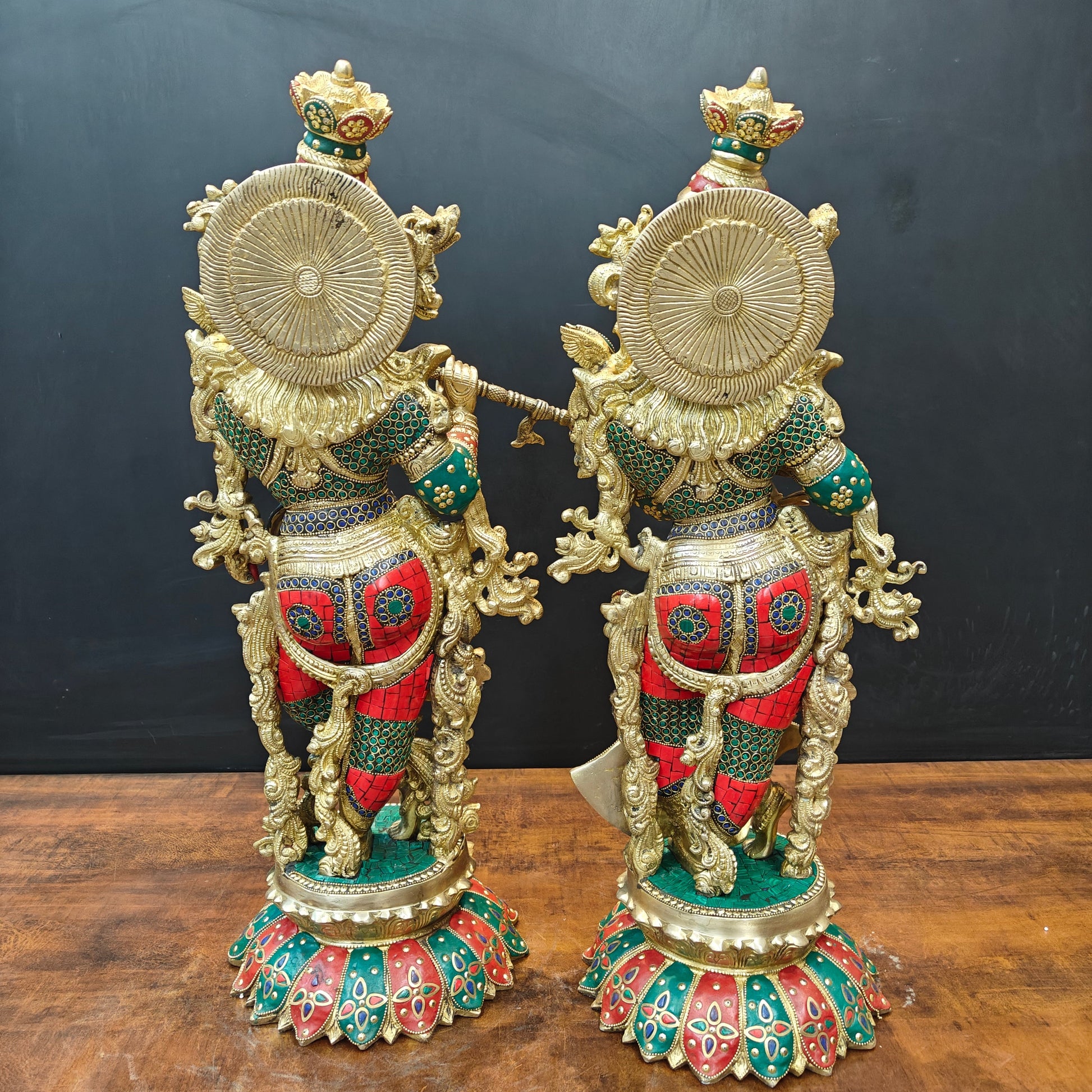 Brass Radha Krishna Statues On Lotus Base with Stone Work 27 Inch - Image 7