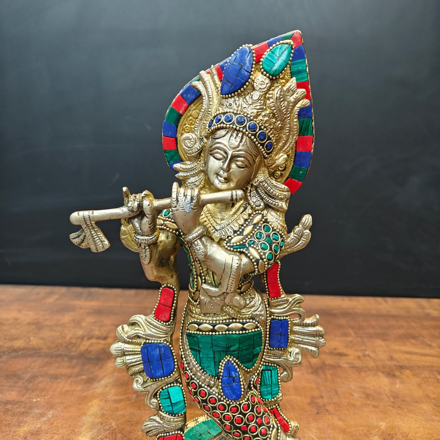 Brass Standing Krishna Idol With Stone Work 13 Inch