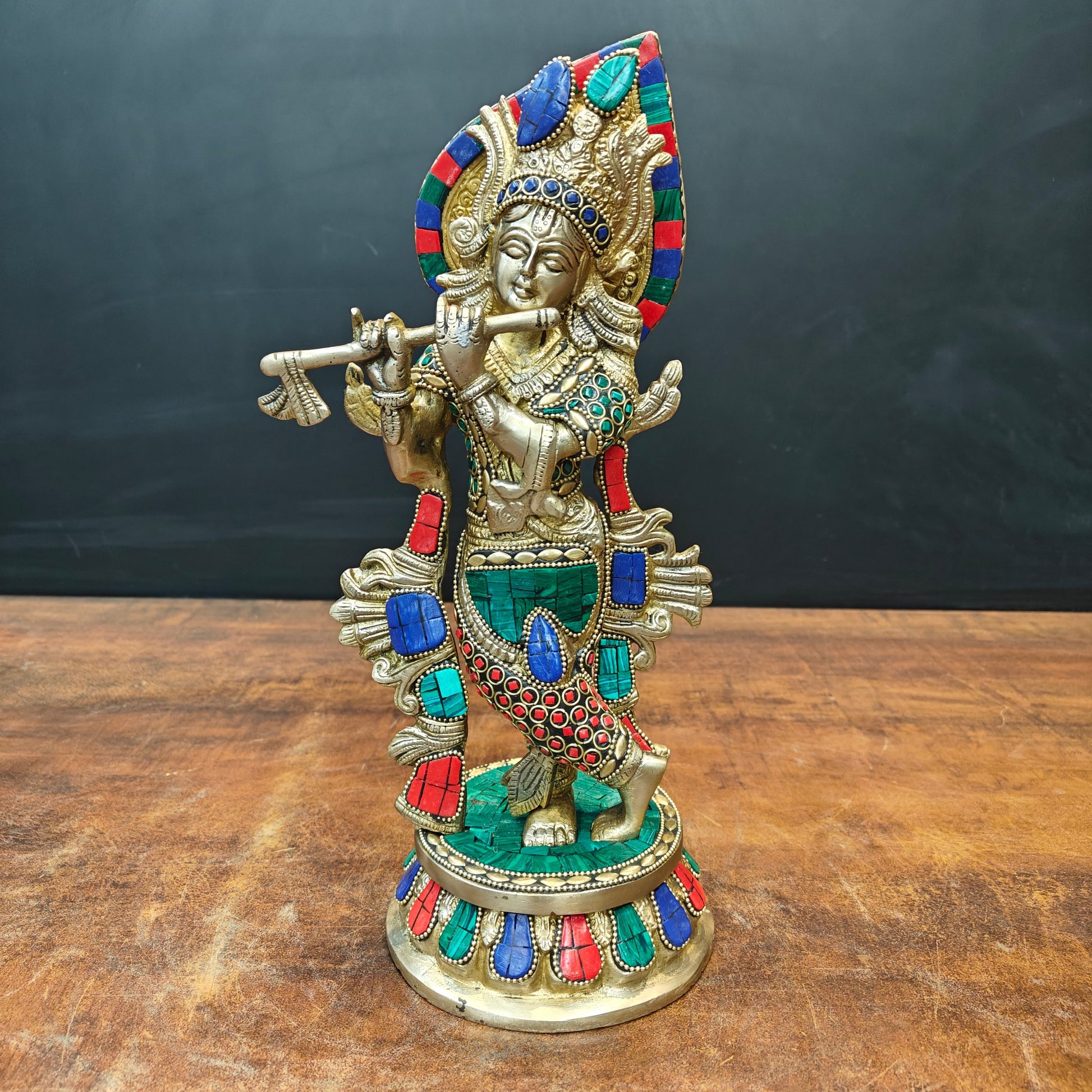 Brass Standing Krishna Idol With Stone Work 13 Inch - Image 3