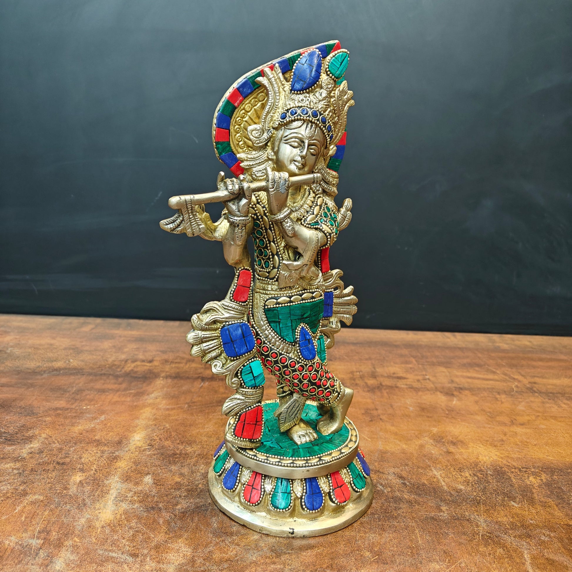 Brass Standing Krishna Idol With Stone Work 13 Inch - Image 4