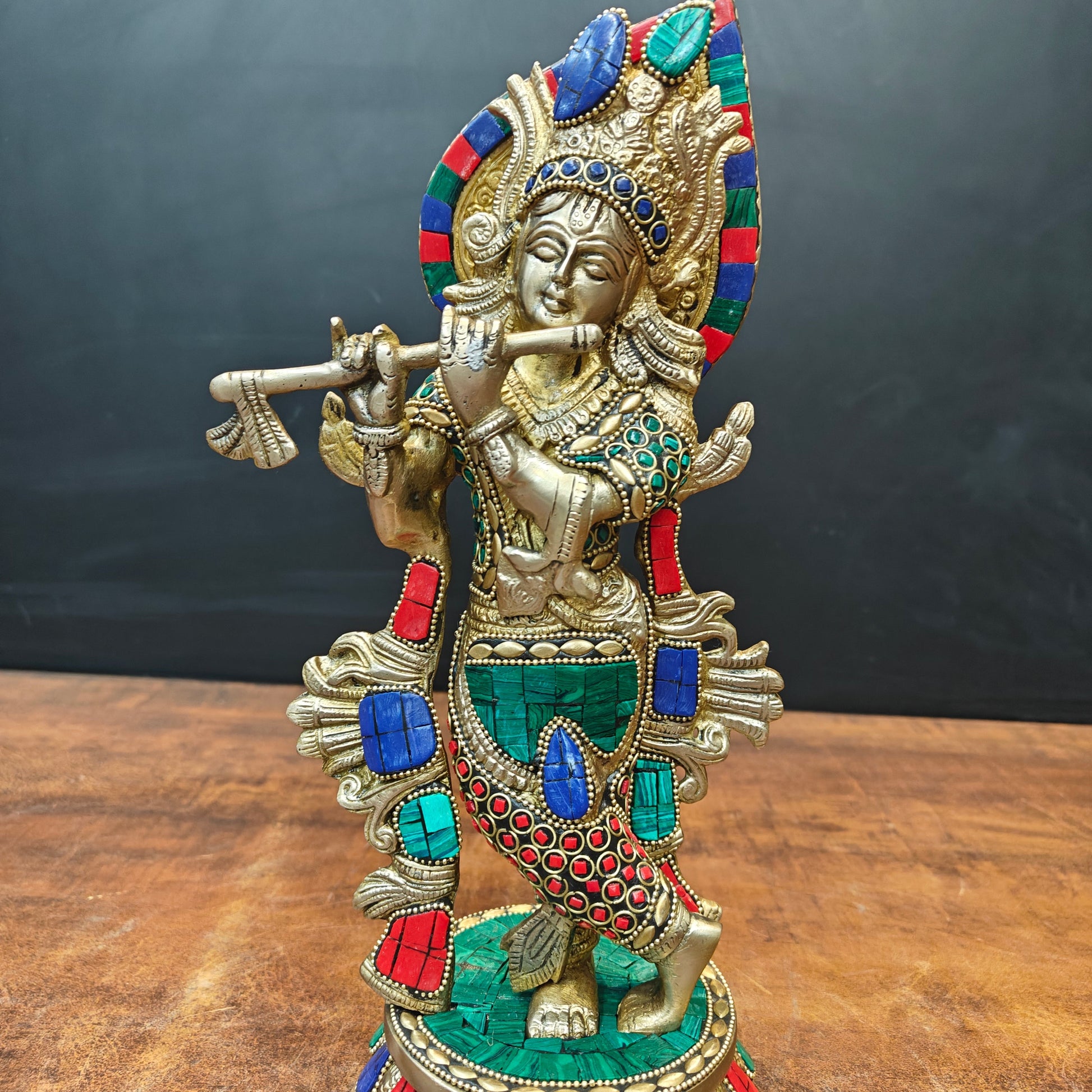 Brass Standing Krishna Idol With Stone Work 13 Inch - Image 5