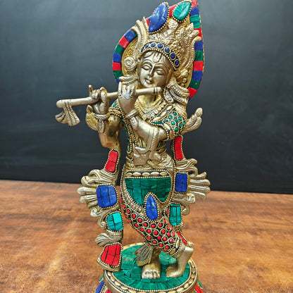 Brass Standing Krishna Idol With Stone Work 13 Inch by vendor-unknown - Hindu Gods (View 5)
