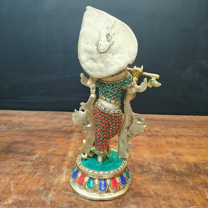 Brass Standing Krishna Idol With Stone Work 13 Inch by vendor-unknown - Hindu Gods (View 6)