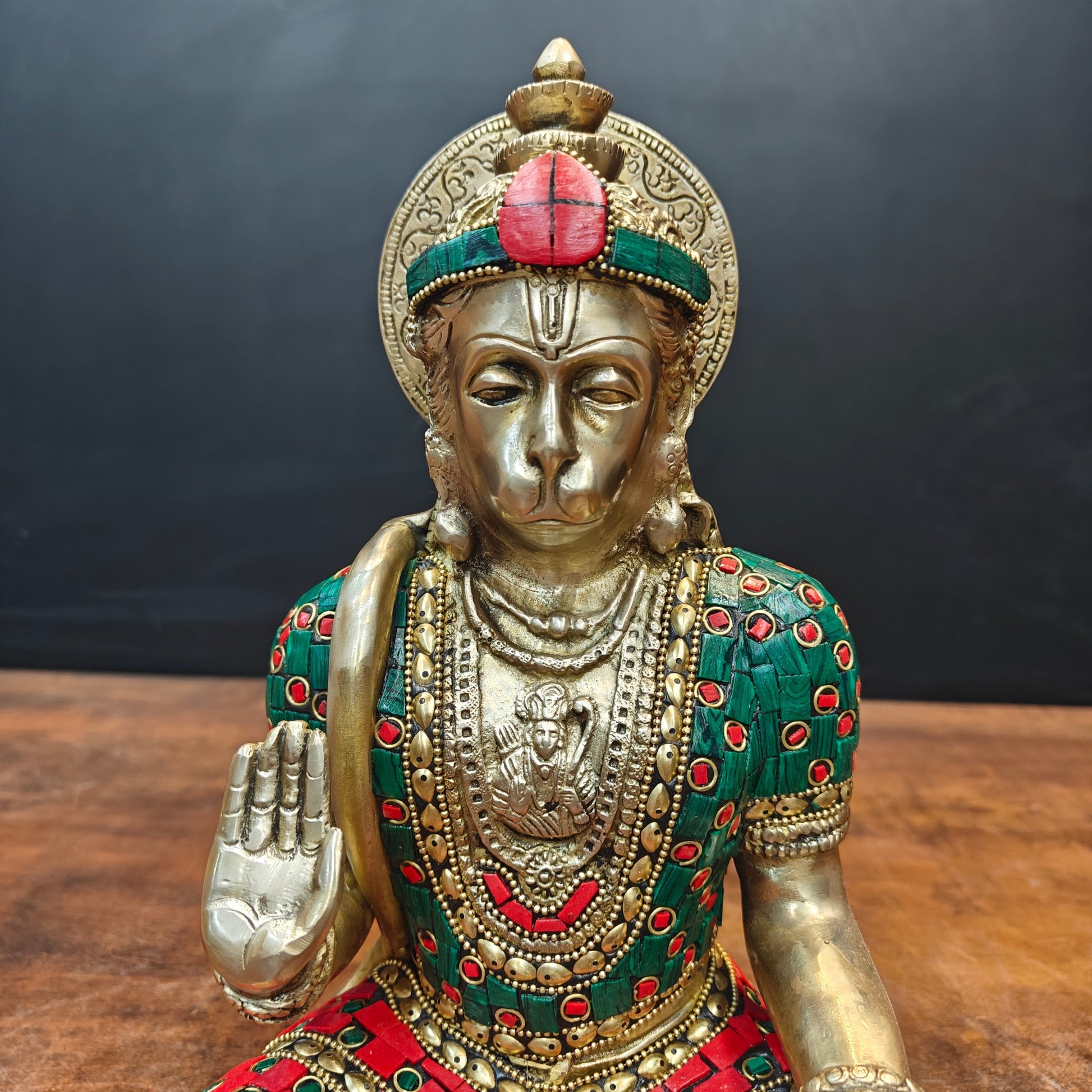 Brass Blessing Hanuman Idol Stone Work For Home Decor 11 Inch - Image 2