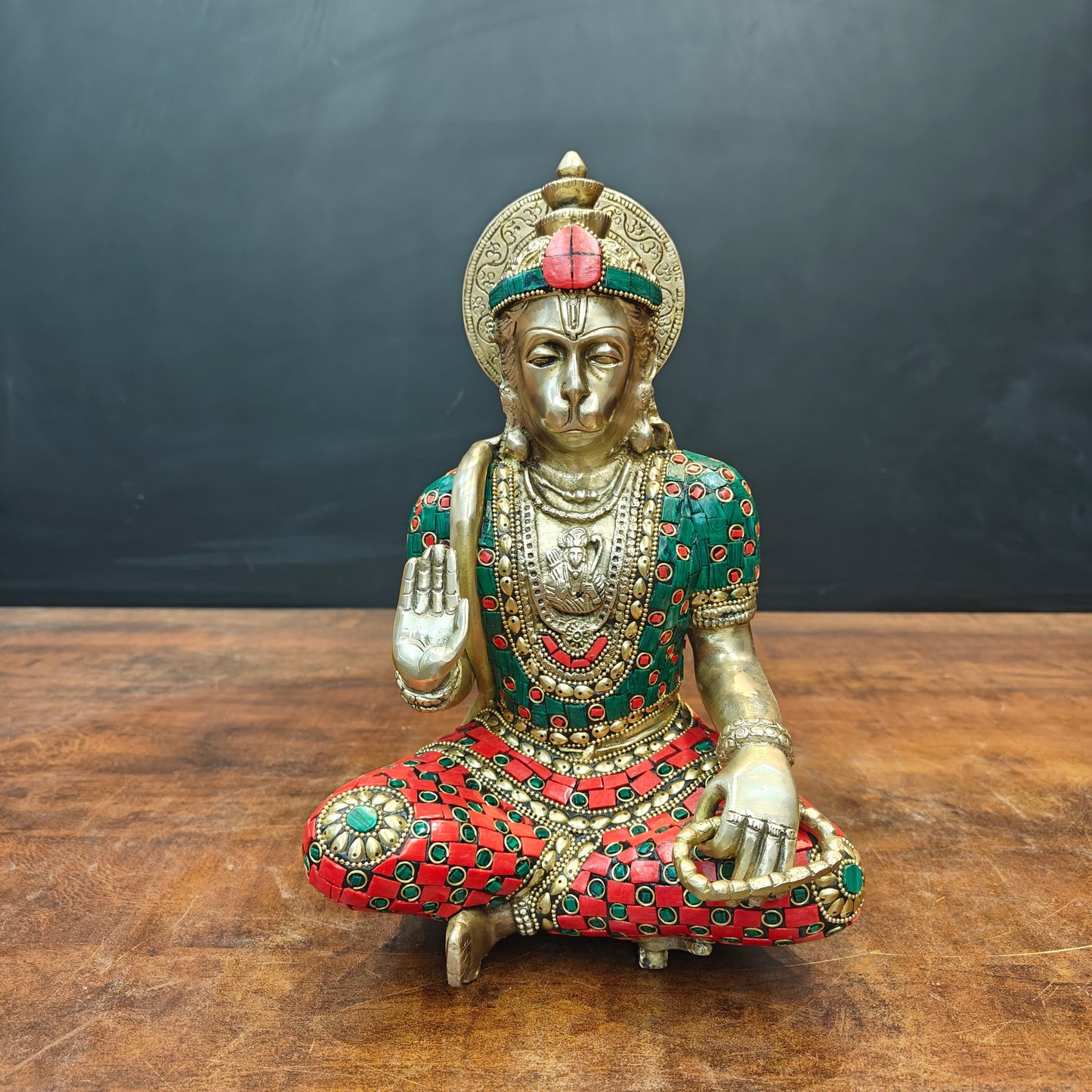 Brass Blessing Hanuman Idol Stone Work For Home Decor 11 Inch