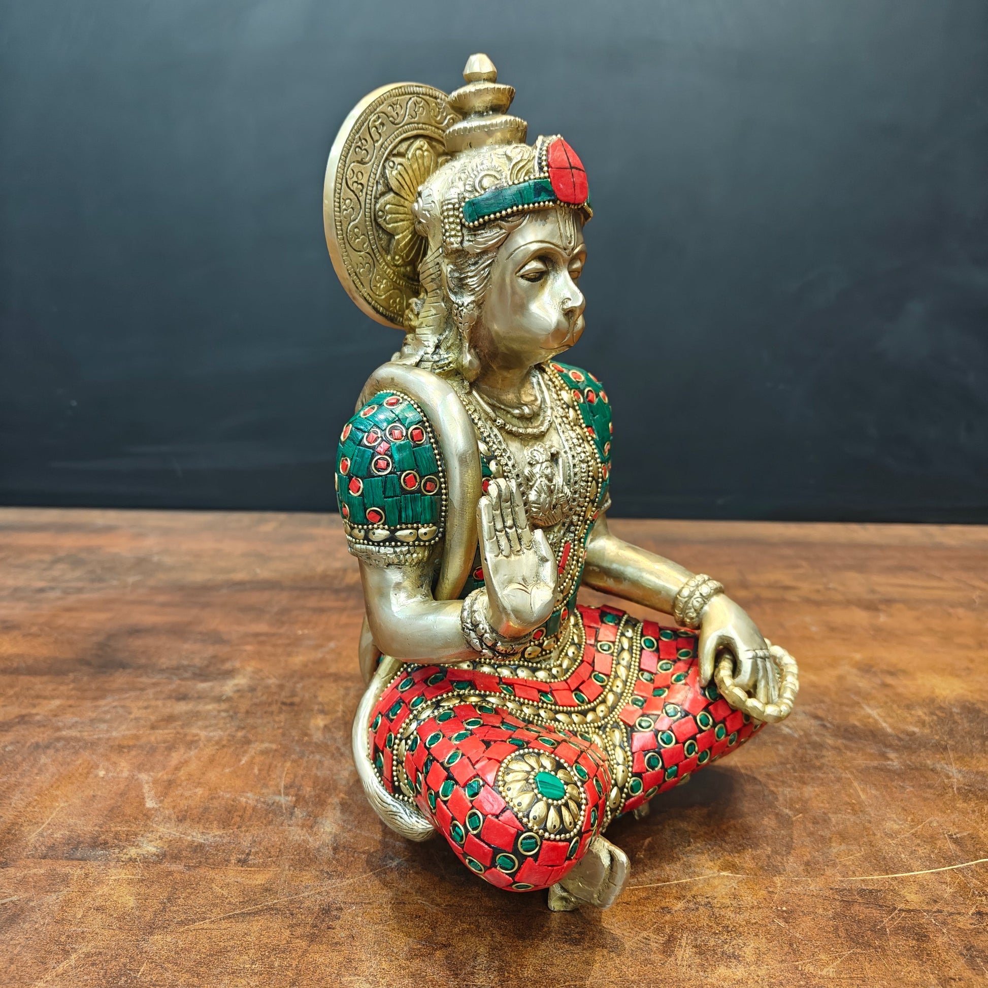 Brass Blessing Hanuman Idol Stone Work For Home Decor 11 Inch - Image 4