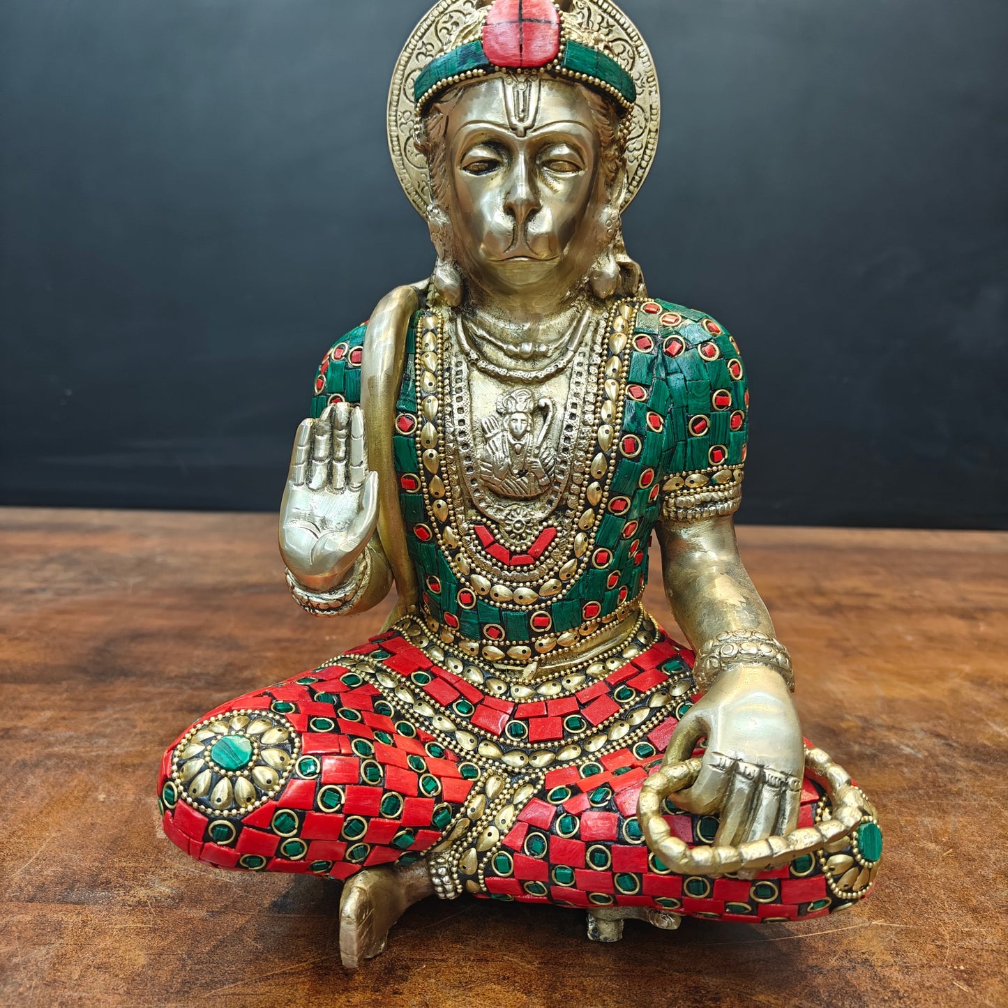 Brass Blessing Hanuman Idol Stone Work For Home Decor 11 Inch