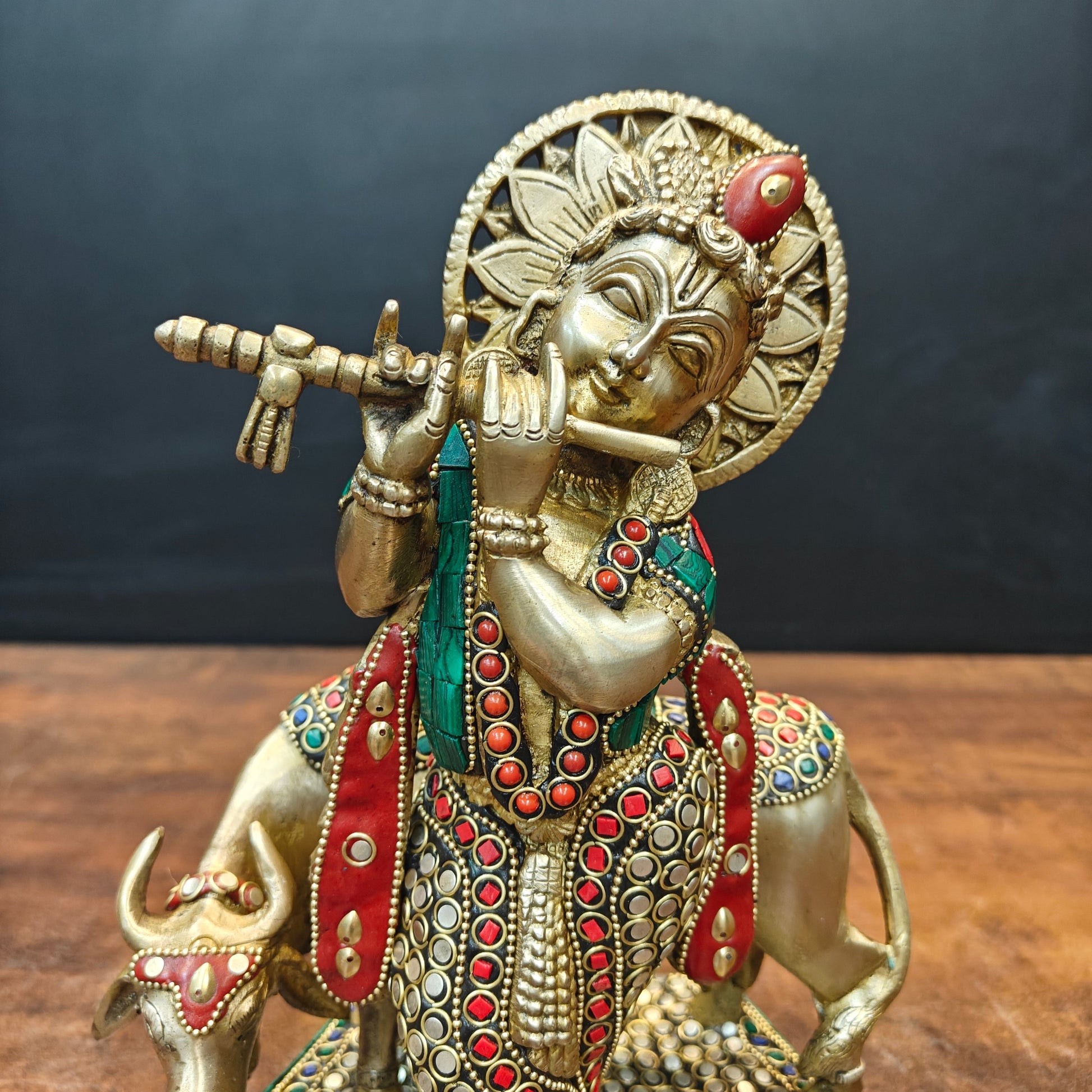 Brass Krishna With Cow Statue Stone Work 12 Inch - Image 2