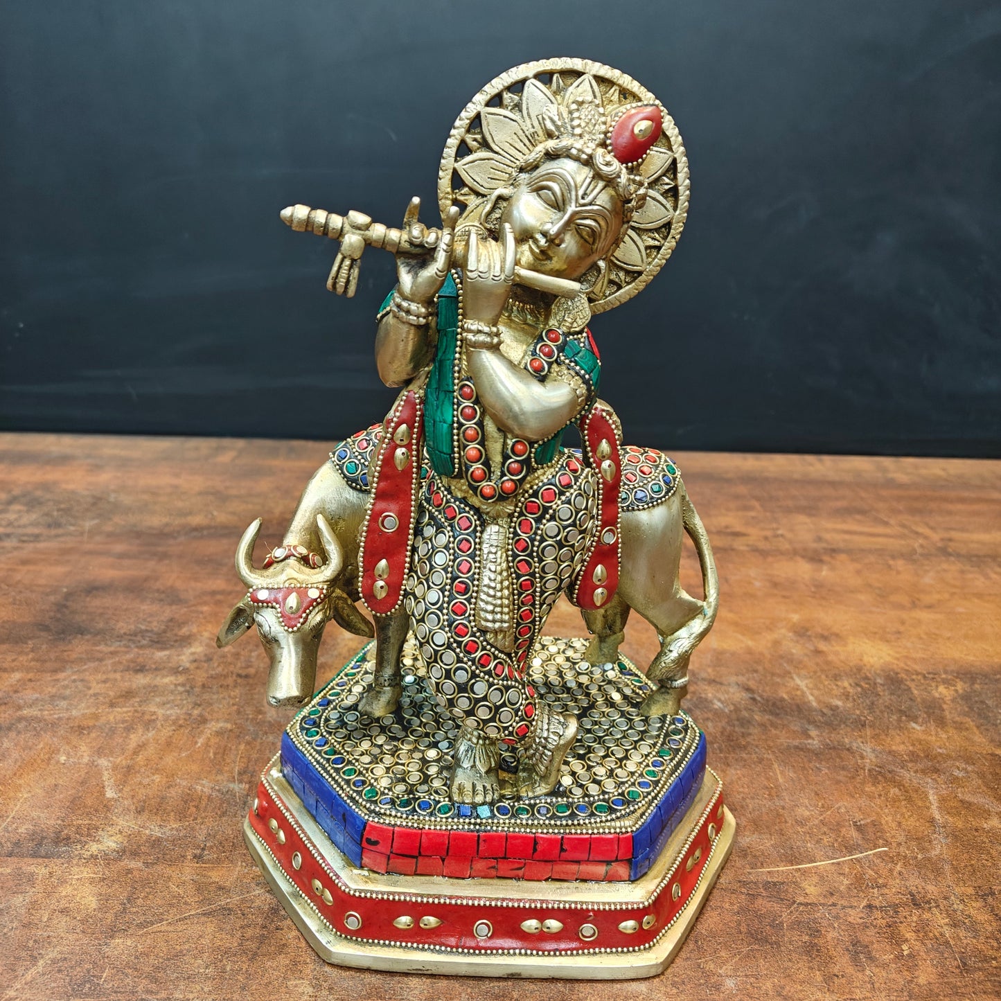 Brass Krishna With Cow Statue Stone Work 12 Inch