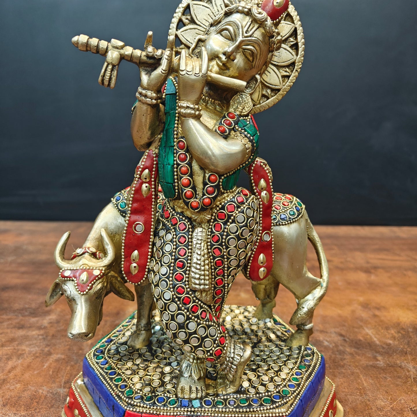 Brass Krishna With Cow Statue Stone Work 12 Inch