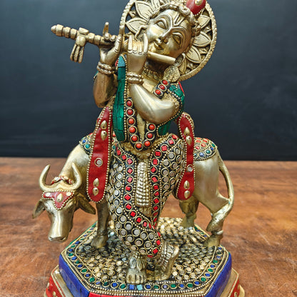 Brass Krishna With Cow Statue Stone Work 12 Inch by vendor-unknown - Hindu Gods (View 4)
