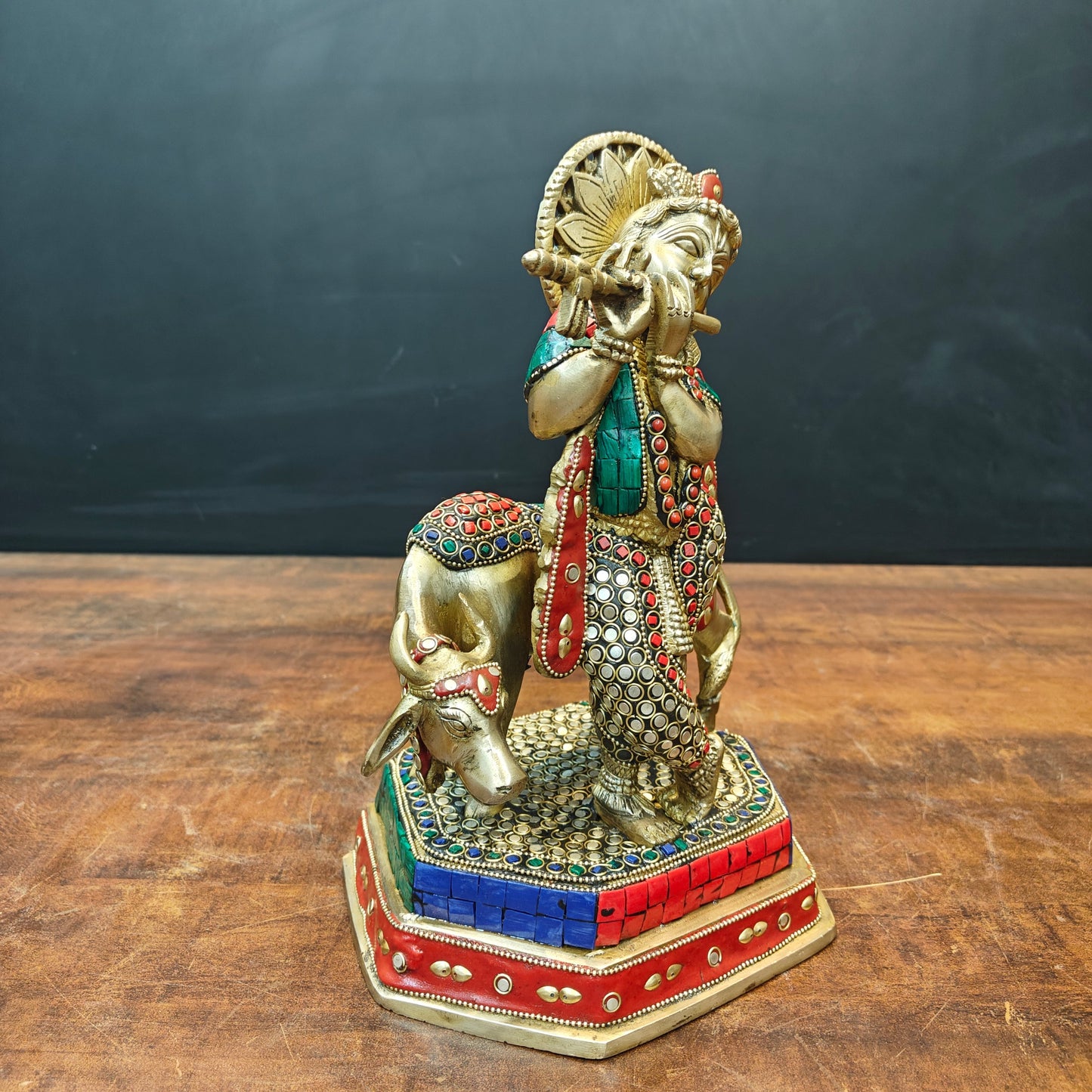 Brass Krishna With Cow Statue Stone Work 12 Inch