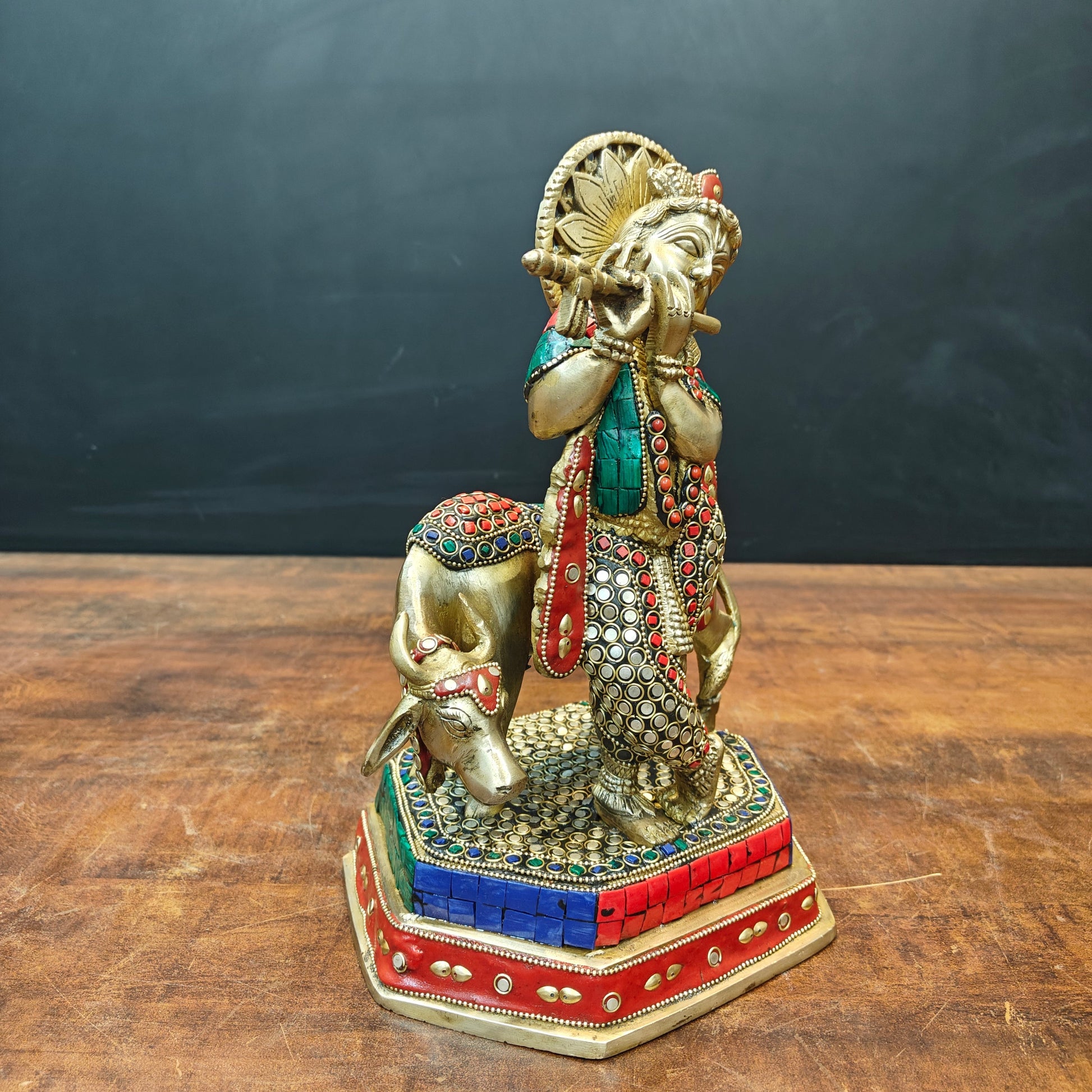 Brass Krishna With Cow Statue Stone Work 12 Inch - Image 5