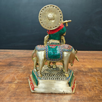 Brass Krishna With Cow Statue Stone Work 12 Inch by vendor-unknown - Hindu Gods (View 6)