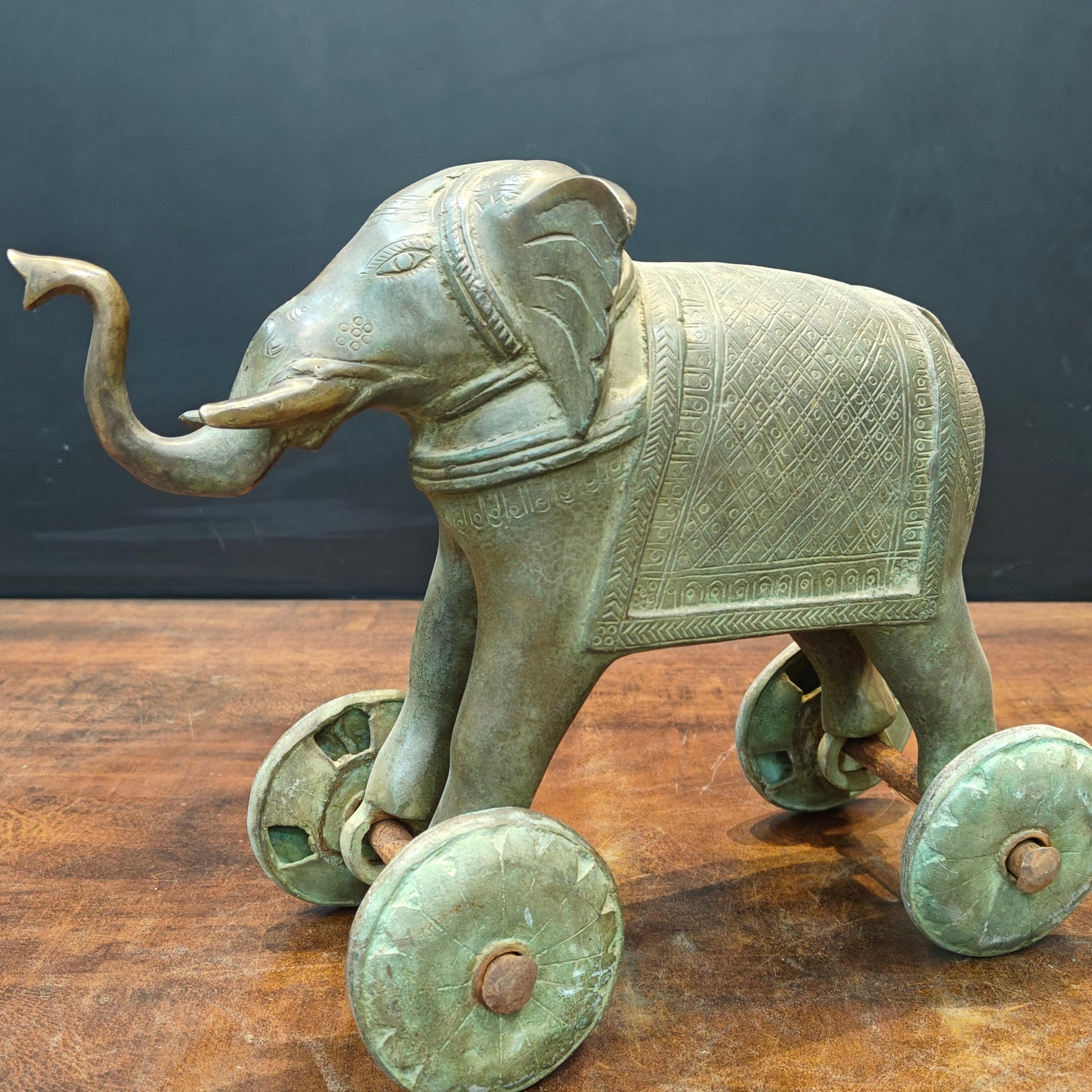 Brass Vintage Elephant Statue On Wheels Green Patina Finish 10 Inch - Image 2