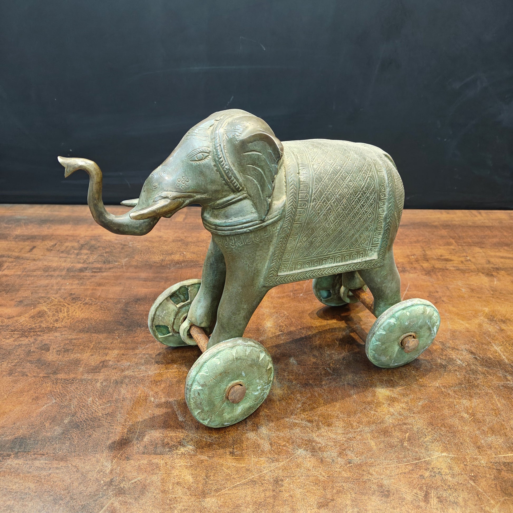 Brass Vintage Elephant Statue On Wheels Green Patina Finish 10 Inch - Image 3