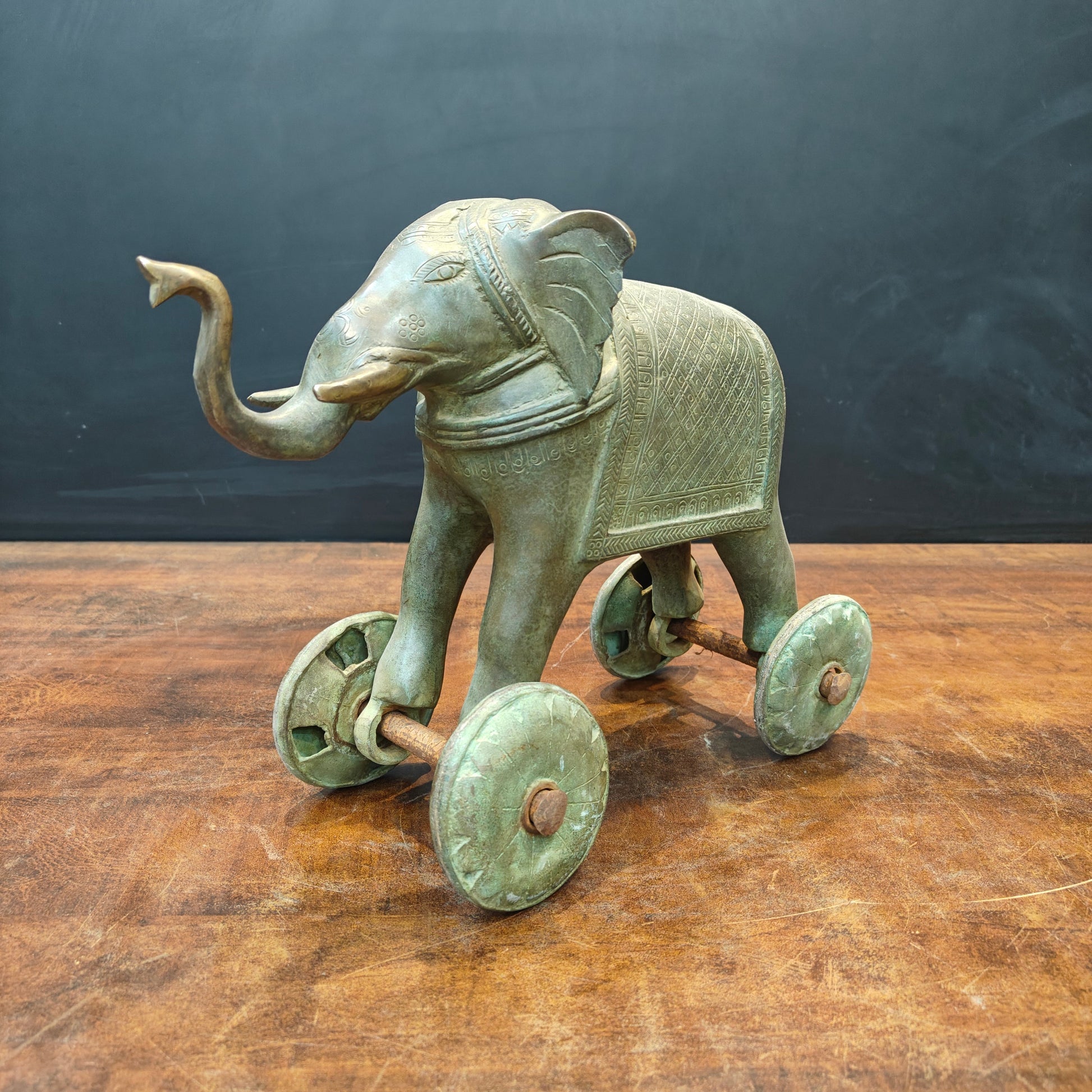 Brass Vintage Elephant Statue On Wheels Green Patina Finish 10 Inch - Image 4