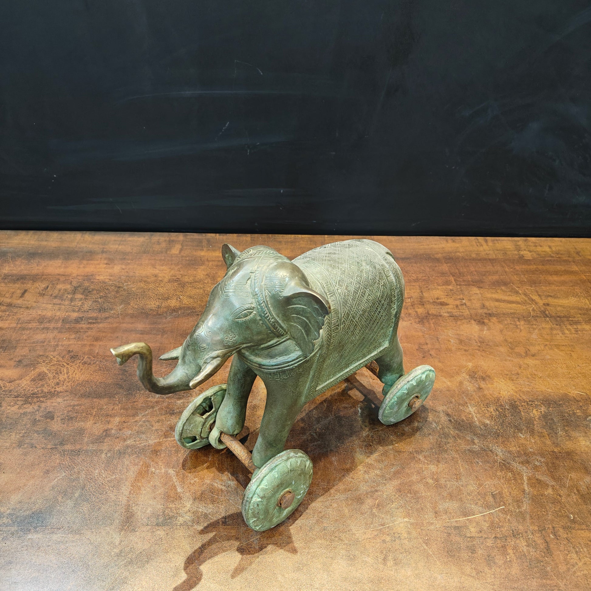 Brass Vintage Elephant Statue On Wheels Green Patina Finish 10 Inch - Image 5