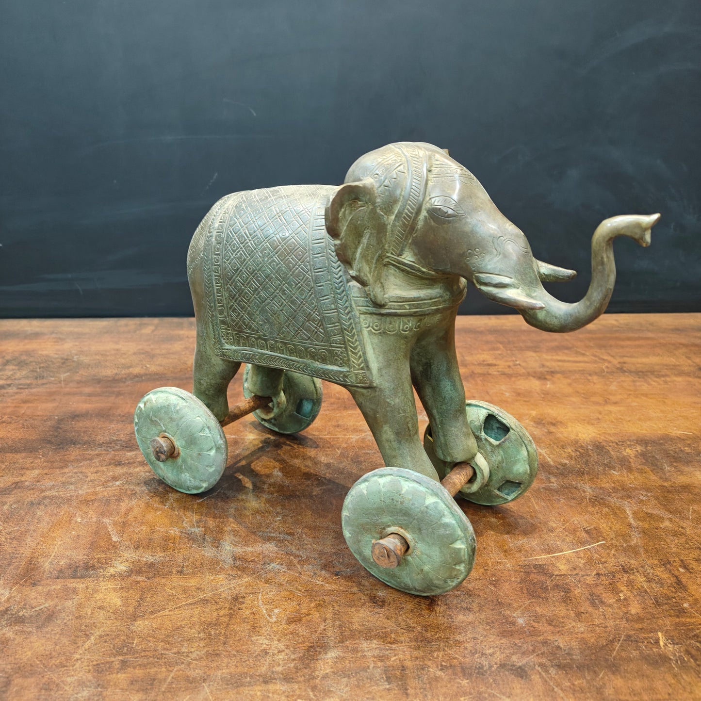 Brass Vintage Elephant Statue On Wheels Green Patina Finish 10 Inch